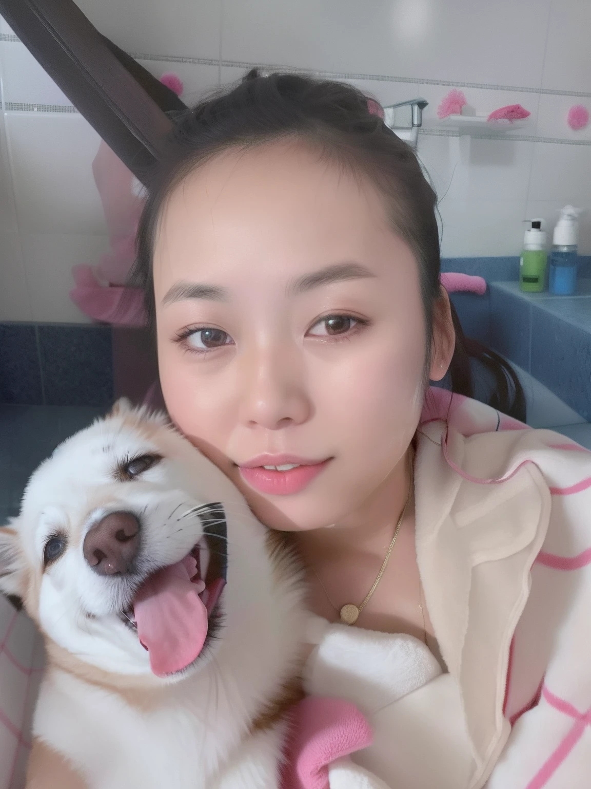woman with her dog in a bathtub with a pink towel, dang my linh, 30 years old woman, 3 0 years old woman, very very low quality picture, mai anh tran, 1 8 yo, 2 8 years old, selfie of a dog, 2 7 years old, profile image, 2 9 years old, high quality upload, 2 3 years old