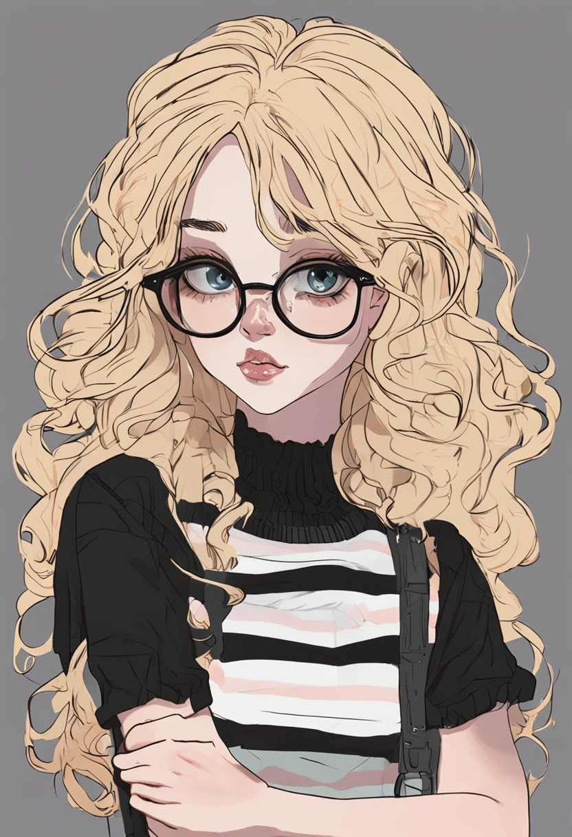 Blonde woman with glasses and black and white striped sweater, a character portrait inspired by Ayami Kojima, Tumblr, Gothic art, belle delphine, 1 7 - year - old anime goth girl, with square glasses, shikamimi, With glasses, goth girl aesthetic, E-Girl, e - girl, wearing thin large round glasses