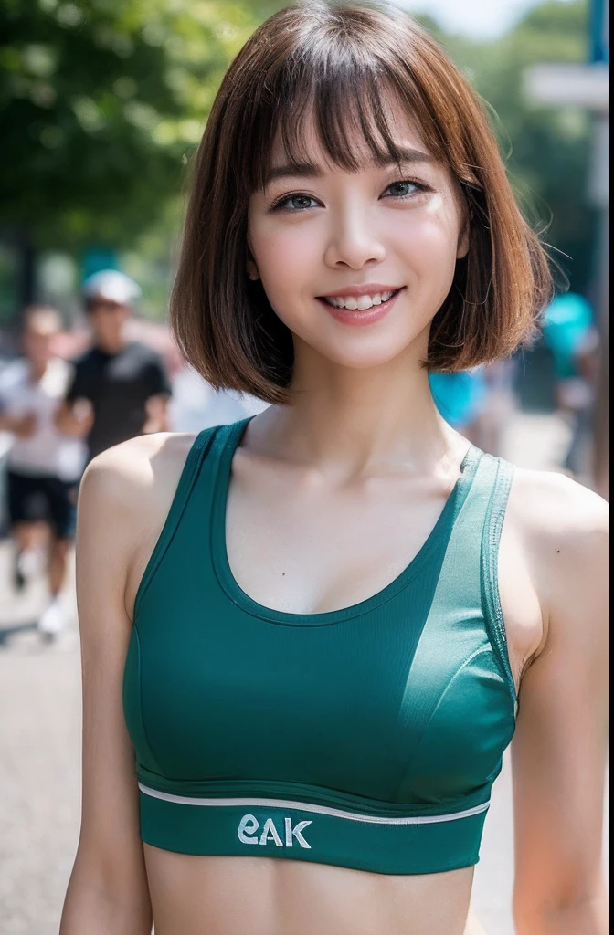 ((Top Quality, 8k, Masterpiece: 1.3)), Sharp Focus: 1.2, Perfect Body Shape Pretty Woman: 1.4, Slender Abs: 1.2, (Layered Haircut, Big: 1.8), (Sports Bra: 2.0), (Jogging: 1.8), (Street: 1.2), Highly Detailed Face and Skin Texture, Detailed Eyes, Double Eyelids, Smile, Bokeh,