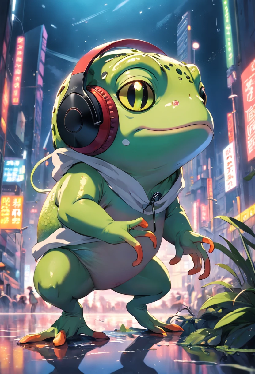 A masterpiece green frog with headphones, fatness