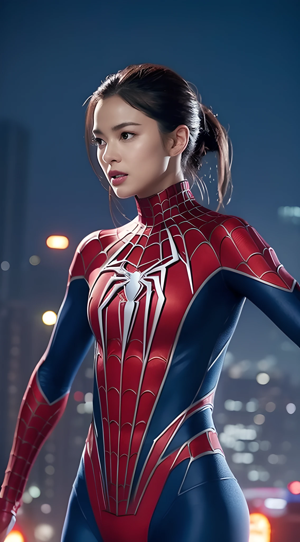 "The mesmerizing beauty of the Spider-Man suit: Create images of stunning women in Spider-Man suits. A woman has an、While embodying the spirit of an iconic superhero、Need to exude confidence and charm. The suit is perfect for her.、It is necessary to emphasize her graceful figure. The background is、Reflect the vibrant energy of the city skyline and action-packed scenes."