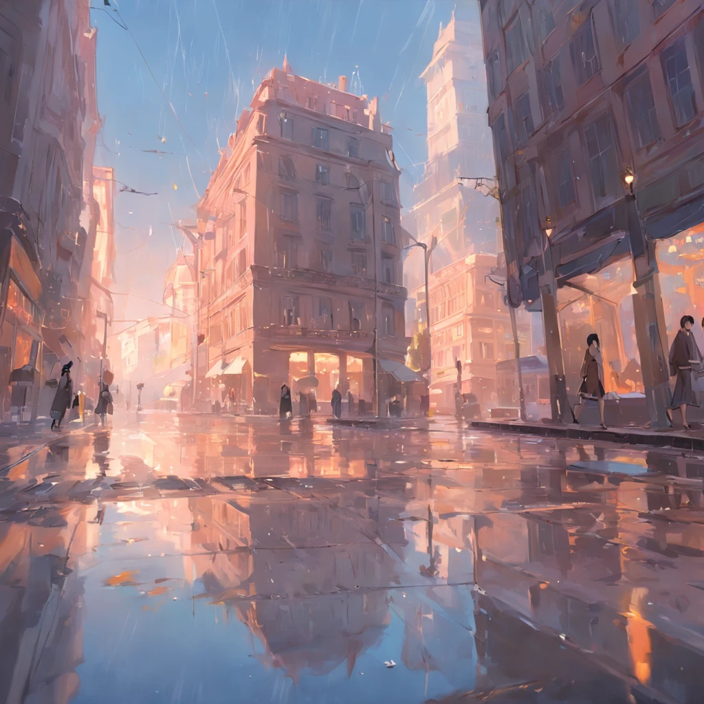 city center on a rainy day puddle of water referred to the fantastic sky. estilo de pintura obras de John Singer Sargent, masterpiece