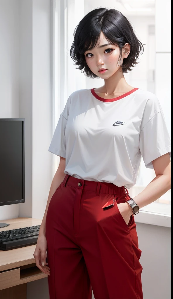 a woman in a white shirt and red pants is playing video game, simple style, wearing elegant casual clothes, muted red, simple clothes, milk and red style, casual clothing style, modern fashion outfit, wearing a fisher , casual modern clothing, inspo, beige clothes, beige pants, neutral tones, beige and brown color scheme, casual business outfit, thinking face, nike shoes, 32 years old, adult face, short hair, ((black hair))