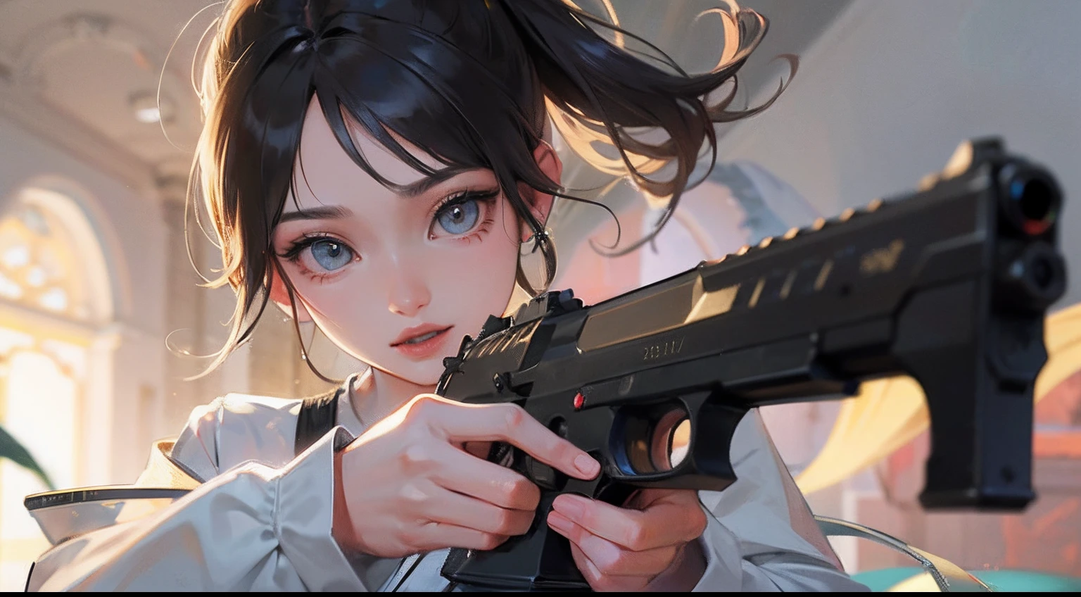 Octane Render、(Hyper-detailing: 1.15)、(Soft light、sharp: 1.2)、photoRealstic、Cute Fantasy Princess、Practice shooting handguns、Fine pattern pistols