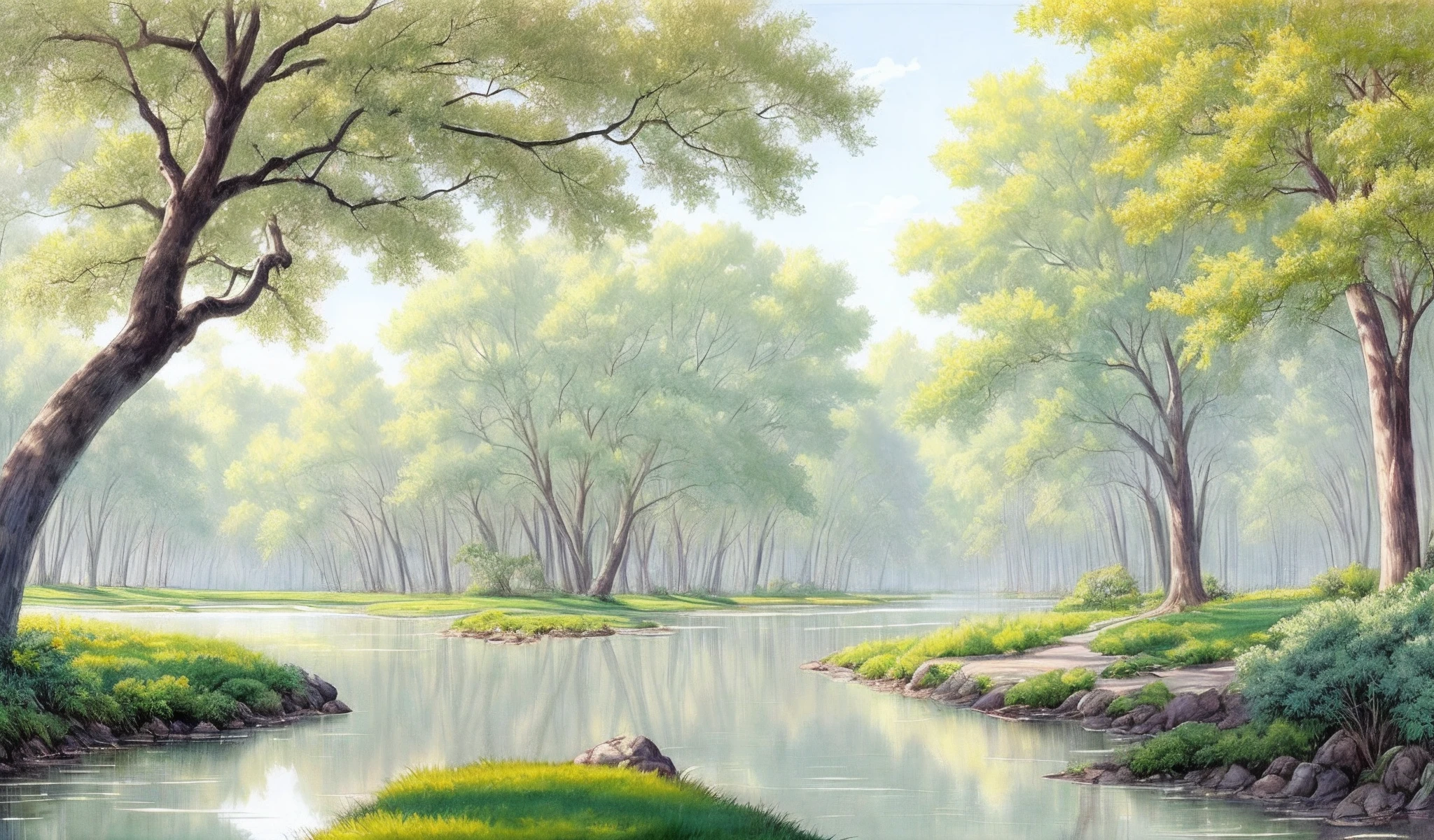 professional watercolor painting of a calm park with trees, next to water, in landscape with water with pattern at afternoon, summer, studio ghibli smooth concept art, (pale, dim) colors, beautiful sunny lighting, foggy background, shin hanga, very pale yellow white bright sky through trees, steppe, glowing white, by Greg Hildebrandt, by Brothers Hildebrandt