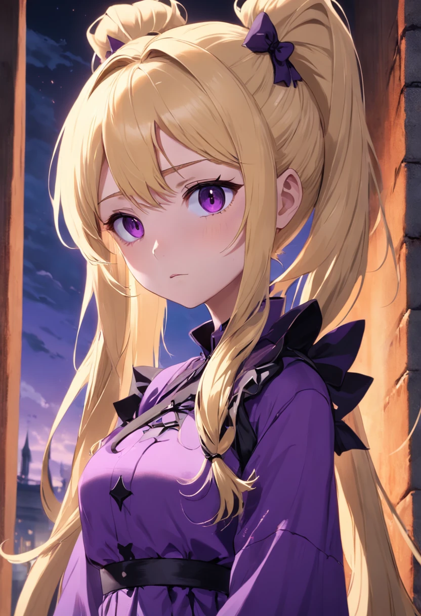 blond girl,Two ponytails,Wearing a purple gothic dress,Leaning against the wall,Chest straight,Has purple pupils