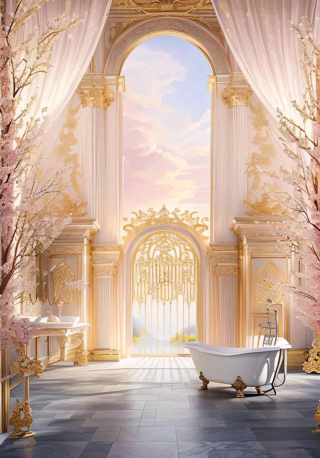 There is a photo of a bathroom with a waterfall, background art deco palace, palace background, stunning arcanum backdrop, light kingdom backdrop, roman festival backdrop, palace floating in heaven, gymnasium background, royal garden background, fairy tale style background, ballroom background, ornate backdrop, baroque style painting backdrop, arte de fundo, Temple background, interior background art