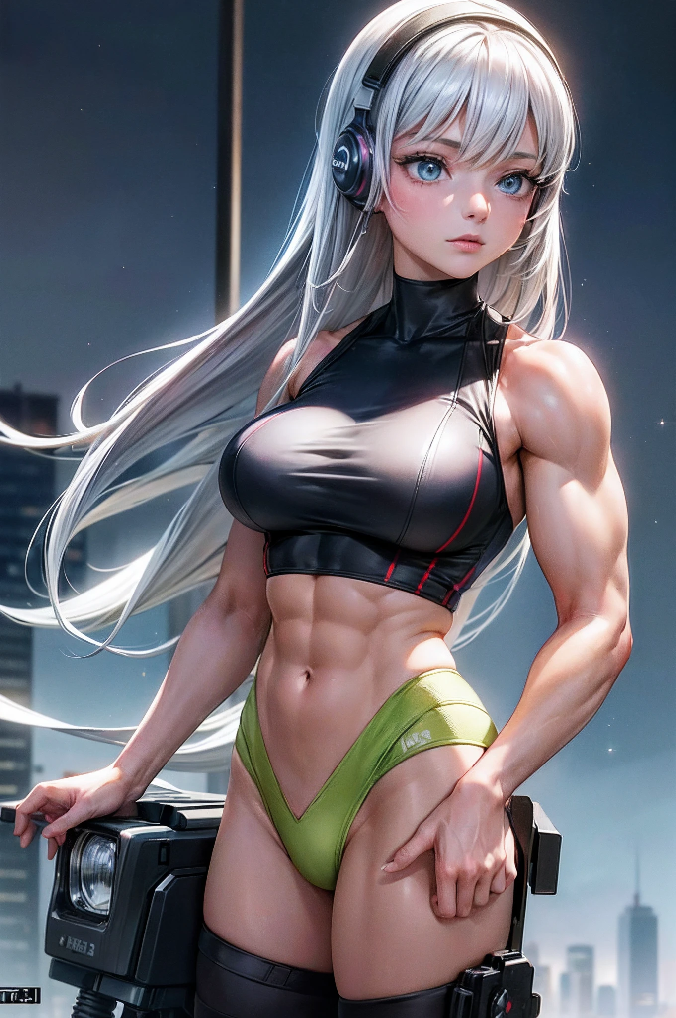 (BEST lighting) , (ultra intricately detailed) , 4K unification, (super-detailed CG: 1.2) , (8K: 1.2),(Original), (Masterpiece) , (Best quality),(Masterpiece:1.4),Anime-ish high quality,(Masterpiece),Masterpiece, Super clear picture quality,Clearer than movies,(Fine face)Best quality, absurderes,((masterpeace, 4K, 8K, Yes, A high resolution))1girll, girls,She is in the city of the future,cyber punk perssonage,motorbiker,Wear a helmet and headphones,Tech motorcycles,Ten strong abs,standing on your feet,Exposing the abdomen,There are bulges of dense veins on the arms,Spring, Perfect figure, Long silver hair, Dynamic pose,Legs exposed,Strong leg muscles ((body builder:1.5)city in the style of cyberpunk,Bustling,space ship(Beautiful bace),(Girl),(Female),(((Upper body:1)))