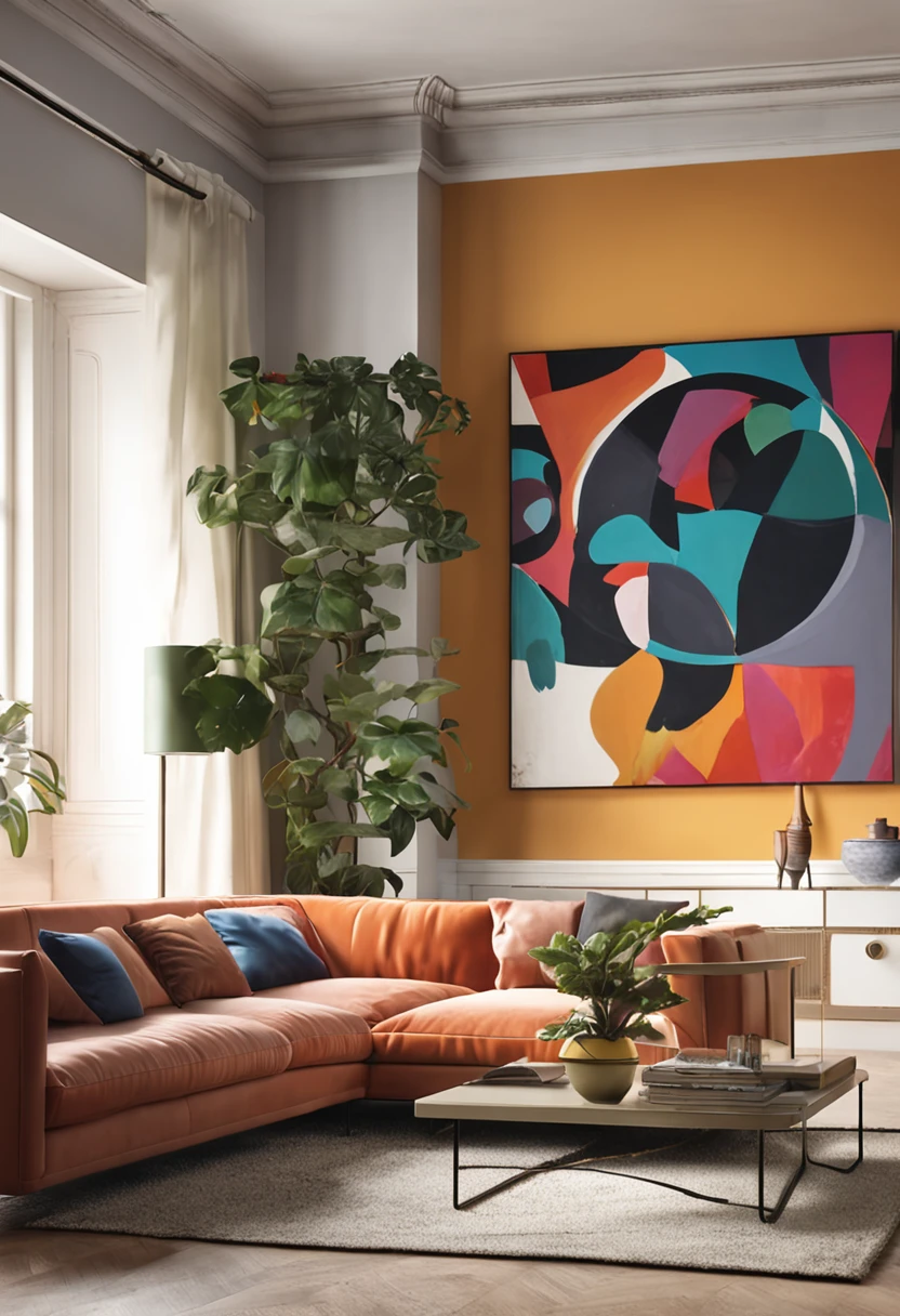 living room with sofa and large painting on the wall, super realistic, light colors, bright, with potted plants, modern architecture, high standard