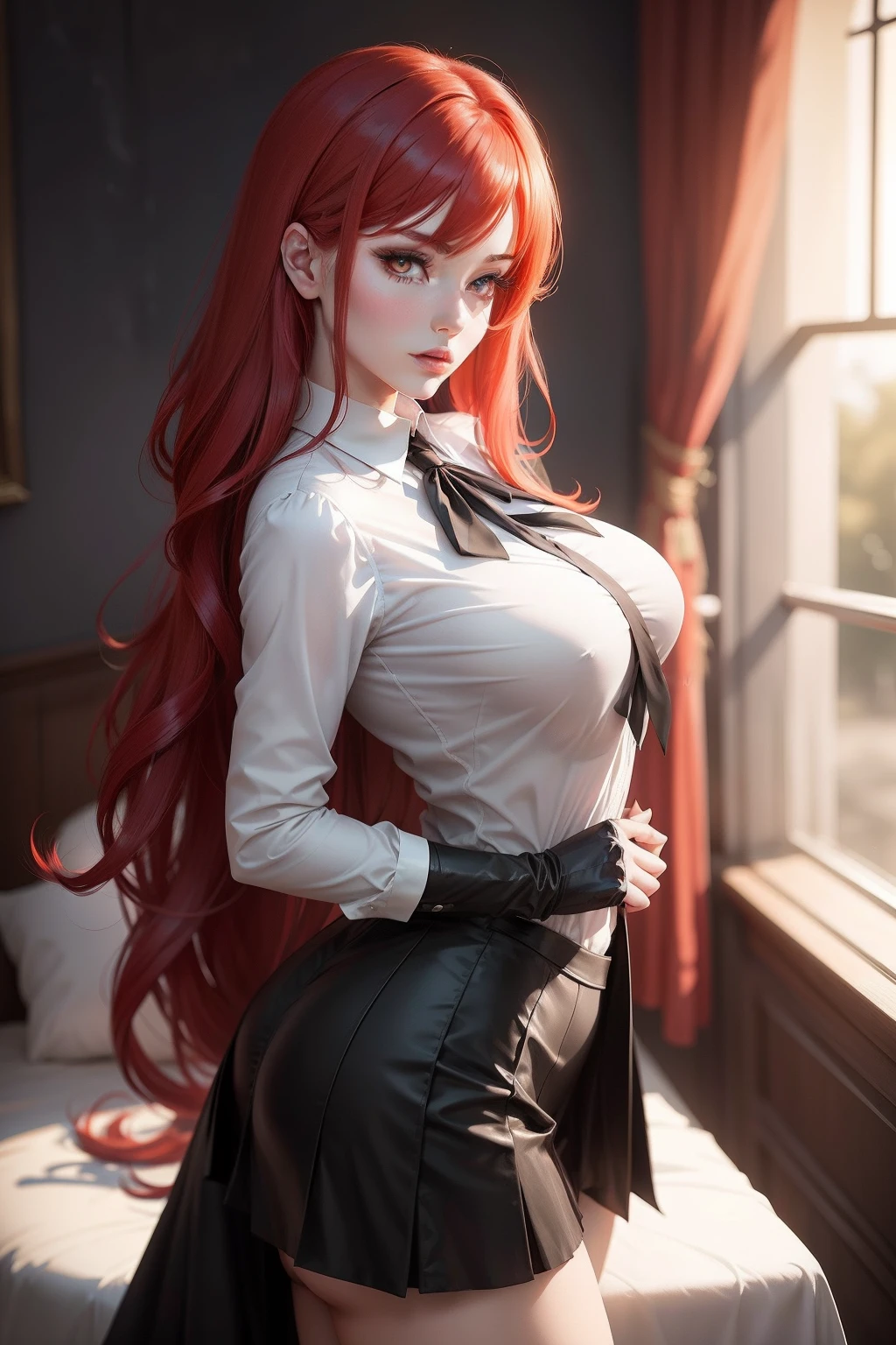 Rias Gremory is a character with crimson hair, her long strands fall elegantly down her back, contrasting with her pale skin and mesmerizing amber eyes, slim and beautiful body. She exudes confidence and charm with her haughty posture. Wearing a tailored red school uniform, her pleated skirt falls in harmony with her open fitted white blouse. A black ribbon tied around her neck complements the ensemble, highlighting her aura of authority and sophistication. Her accessories include black gloves that highlight her delicate hands. , in high resolution, detailed, HD quality.