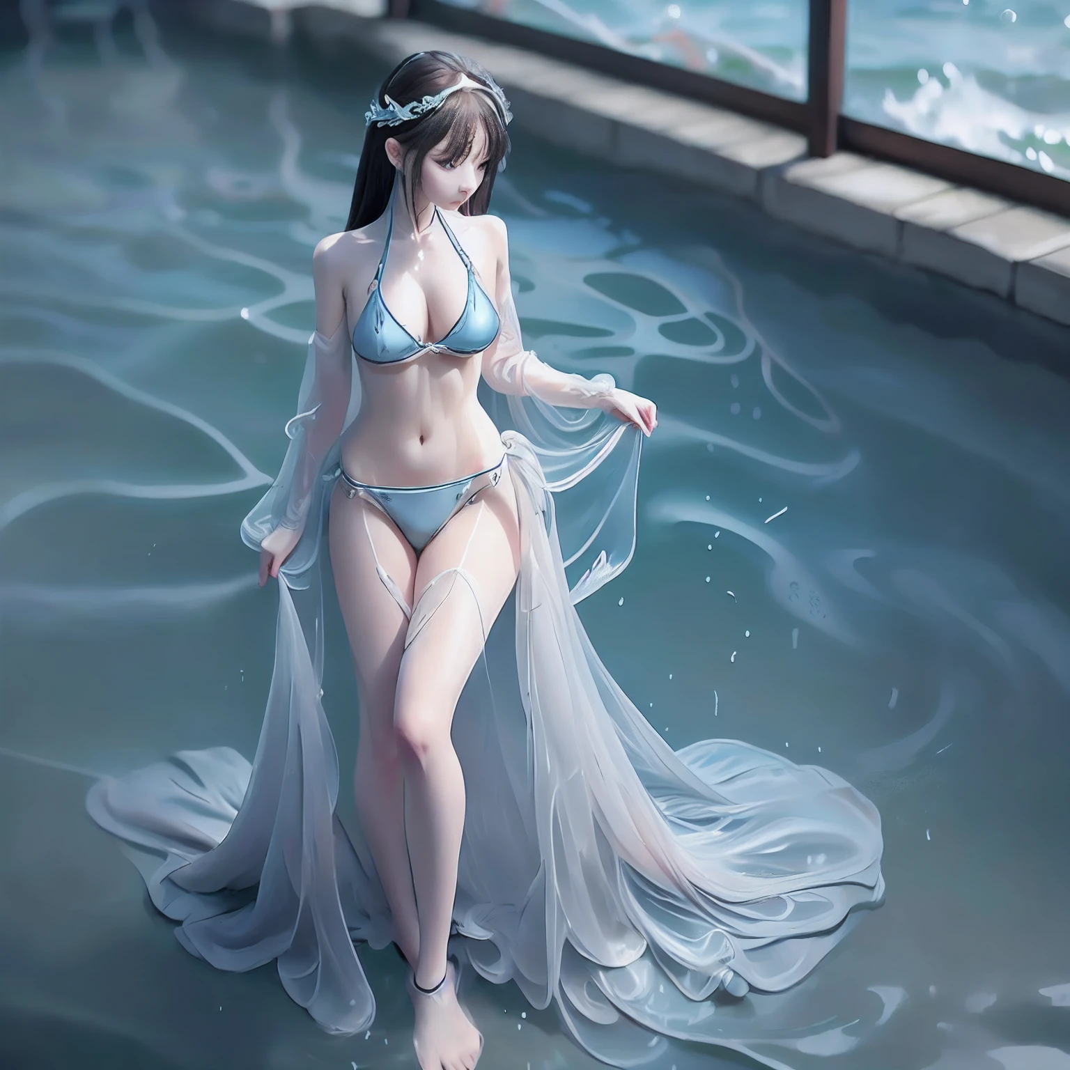 masterpiece, top-quality, ultra-detailliert, illustratio, portraitures, 1girl in, blue eyess, greyt hair,middlebreasts, swim wears, The bikini、Full body slender、long thin legs、A sexy、Cute、Under the sea、foam、Correct limb、