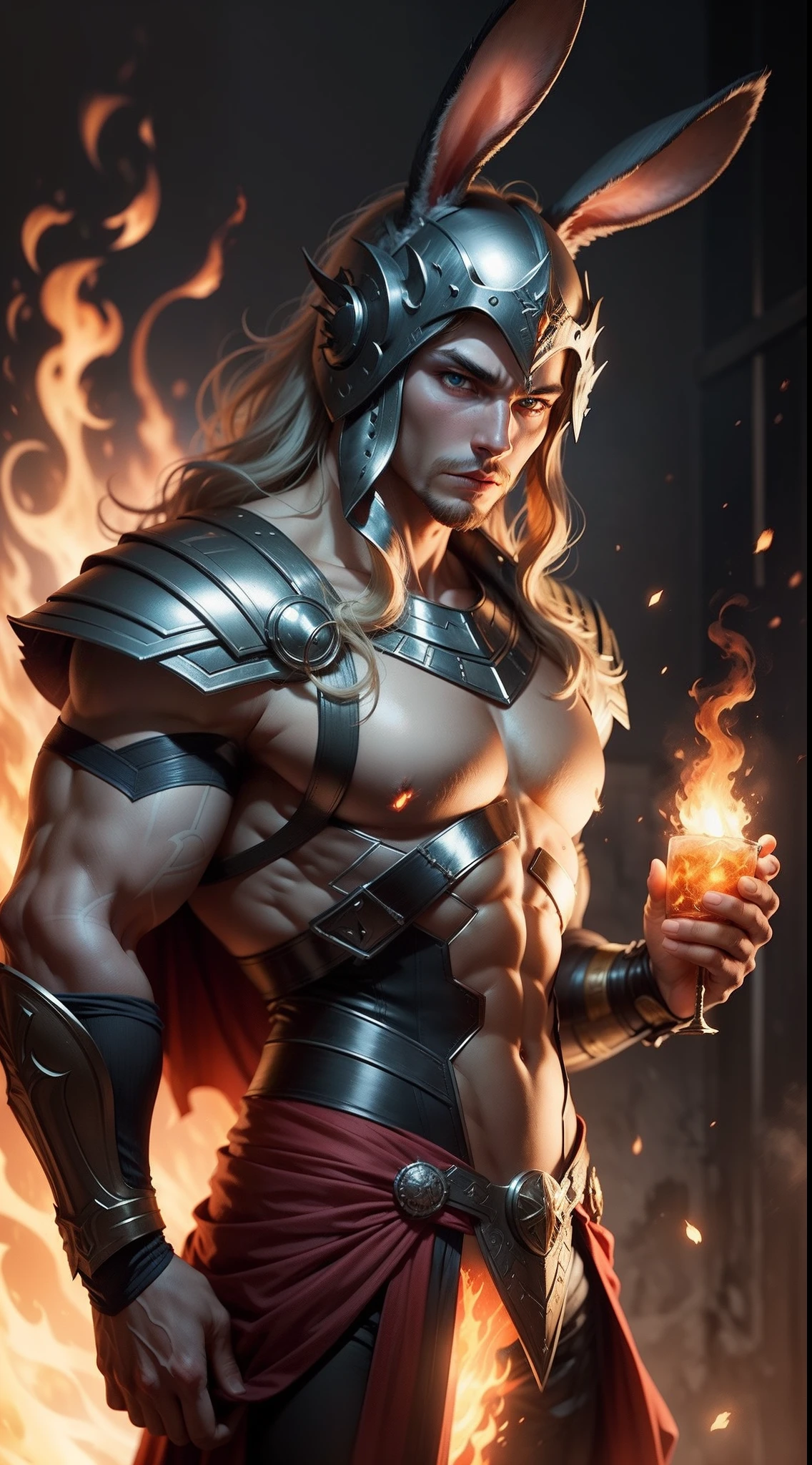 1men, maile, (Rabbit:1.2) in the costume of Thor,Beautiful detailed glow,(flames of war:1.2),detailed lighting,(beautiful detail eyes:1.1),expressionless,