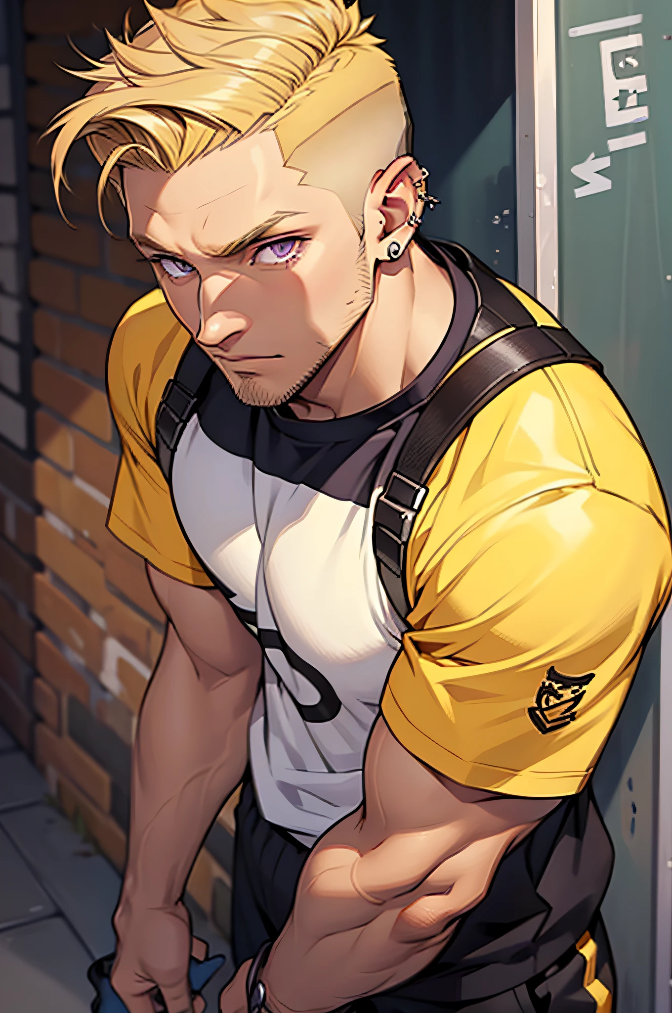 Young man, short blond hair, handsome face, tired expression, green eyes, large muscles, hyper pectoral, thick thigh, large butt. He's wearing a low-cut tank top, black pants, a backwards hat, and a silver chain around his neck, Big bulge. Scenery, party at night.