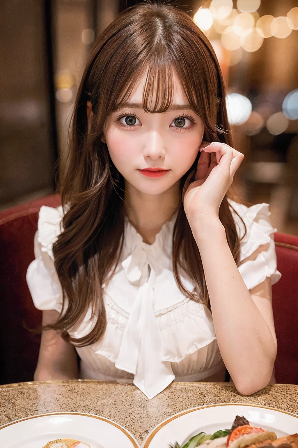 Best Category - Visual Arts: "23 year old woman with fancy costume and cute eyes, Brown hair、Gaze admiringly at a dinner table with medium hair New York City as a backdrop. The scene is a red and orange color scheme, Gives a warm and lively atmosphere."The highest resolution、