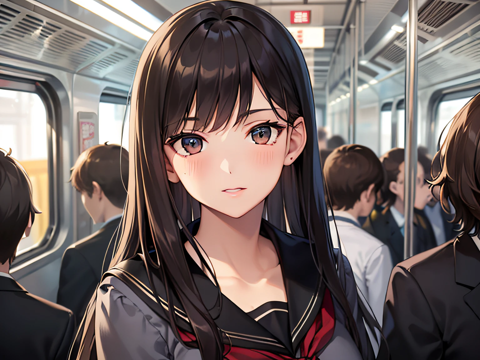 (Best Quality)), (Masterpiece), (Sharpness),32k, (Best Quality Depiction), (Best Quality), Art, Dense and Detailed CG, Densely Detailed Human Body, Perfect Lighting, (Perfect Anatomy), (Full Body Depiction Without Breakdown), Golden Ratio, Perfect Woman, ((Slender 18-year-old schoolgirl)), (Beautiful face with detailed and detailed face,Eyes), (Beautiful skin with lustrous density and detail), ( Cuticle Hair,Straight,Long,Black Hair), Sailor Suit, (In a crowded train: 1.9, Standing passengers: 1.6)