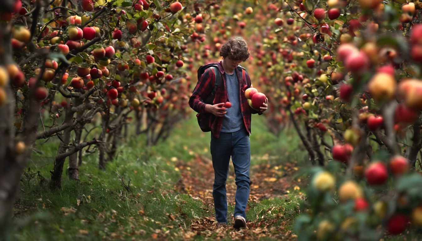 a young man picking an apple in a forest
