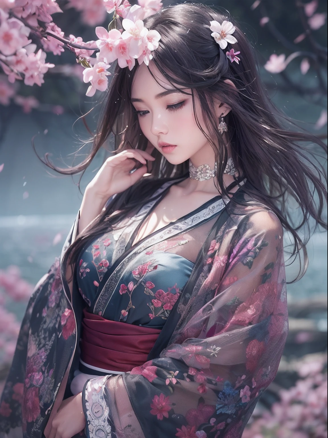 loose outfit、Show shoulders、dark colored kimono、How to wear a black gown、Decorated with intricate patterns and bright colors、Transparent material that makes the skin shine、Artistic depiction of seductive woman in gown with wet thin cloth and transparent skin, Floral and fantastic pattern with flowing silky traditional see-through skin。Her dress draped elegantly around her curvaceous figure、Emphasizes her charming silhouette。She's a gentle fireworks night、Dynamic Posing、Sexy Posing、bathed in the soft glow of moonlight。The scene is、With a hint of mystery and sensuality、It exudes an ethereal dreamy atmosphere。The image style is、It incorporates a blend of watercolor and digital illustration techniques.、It makes you feel delicate beauty and charm。Soft moonlit lighting、Cast gentle highlights and shadows on her mesmerizing features。Dynamic Posing、Bold poses、The hand is somewhere、see -through、show through、A sexy、Wet hair、Wet、(cherry trees、flower petals、cherryblossom、The cherry tree、Sakura Snowstorm 1.5)、buried、Transparent skin、Wet clothes、(Chest 1.2)、Navel Ejection、Swaying in the wind、Burgundy、pale red、(Slouch 1.5)、Lace color、lace choker、a choker、Lie on your back on the surface of the water、New lining、