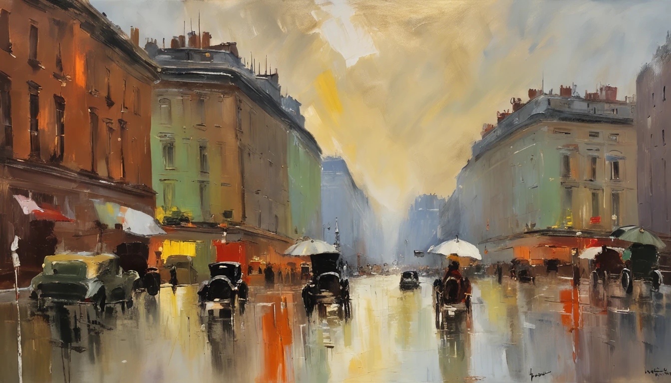 city center on a rainy day puddle of water referred to the fantastic sky. estilo de pintura obras de John Singer Sargent, masterpiece