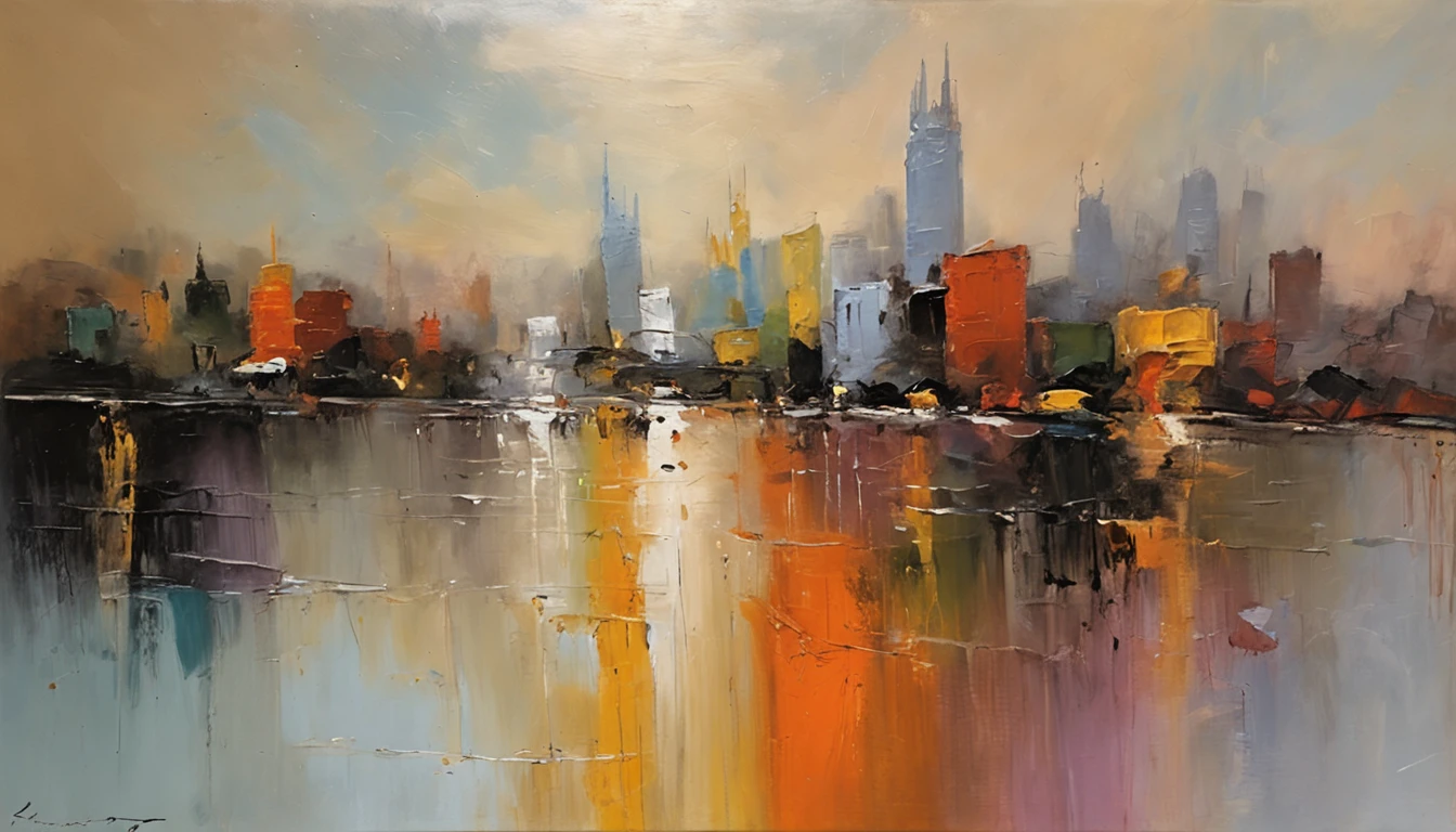 city center on a rainy day puddle of water referred to the fantastic sky. estilo de pintura obras de John Singer Sargent, masterpiece
