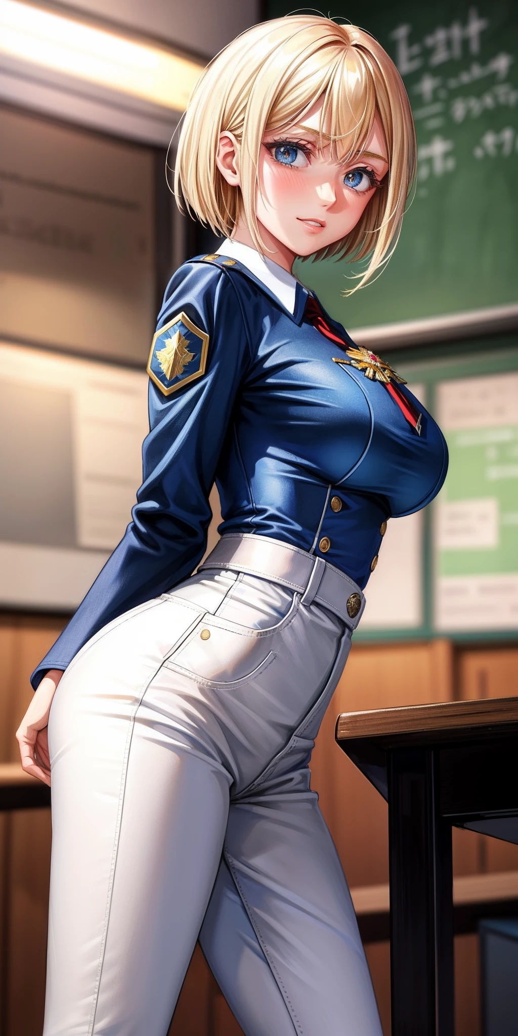 (high quelity), Android 18, JK, uniform, thight stockings, high heels, mischievous smile, light blush, looking at viewer, huge breasts, precise hands, sexy pose, detailed background, cleavage