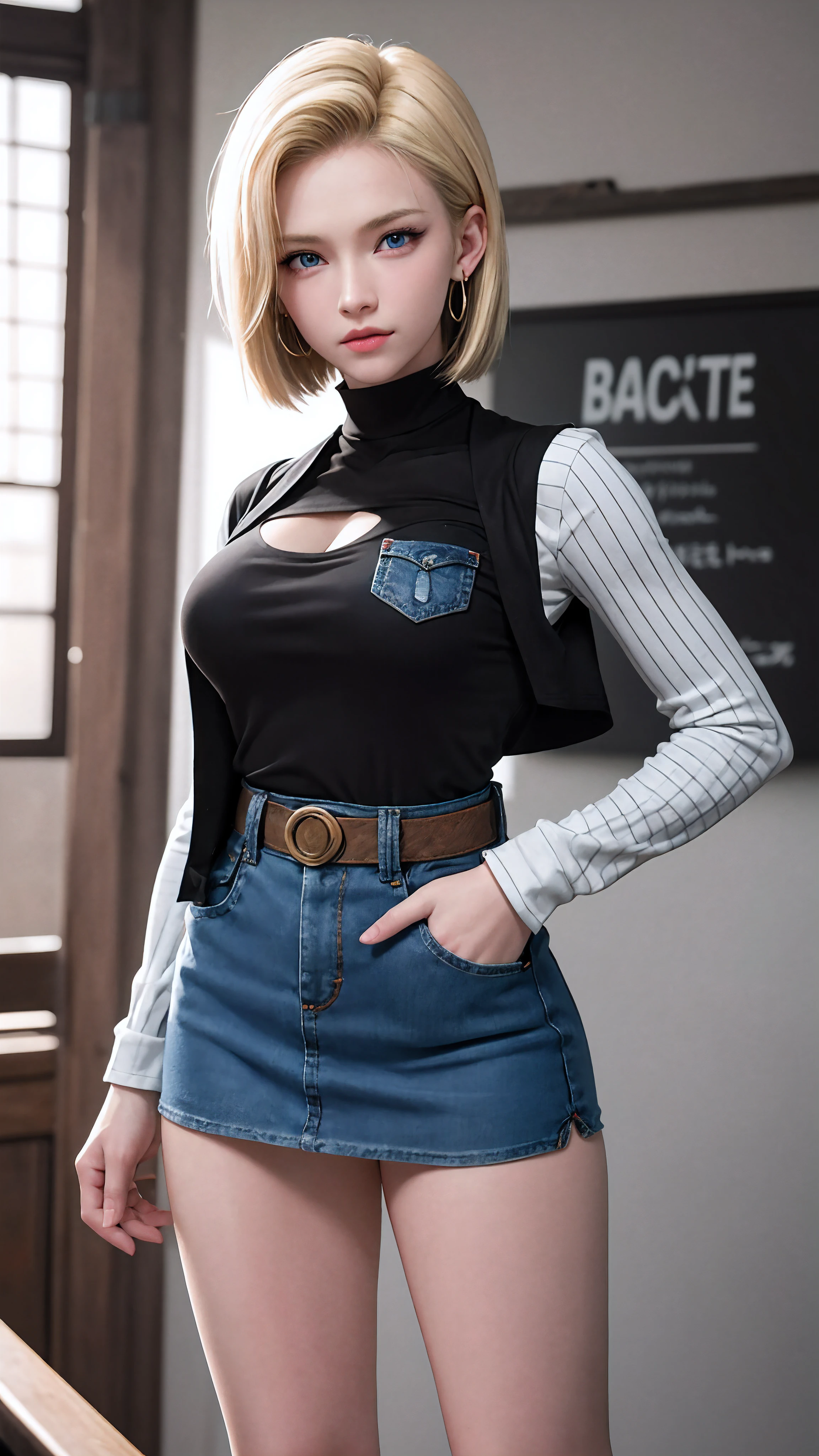 Android 18, Blonde hair, Blue eyes, eyeslashes, hoop earings, Short hair, earring
bring, black sock, Black shirt, breast pocket, cleavage, 鎖骨, Denim, Denim skirt, high waisted skirt, jewelry, Long sleeves, Pocket, shirt, shirt tucked in, Skirt, streaked, Striped sleeves, waistcoat,