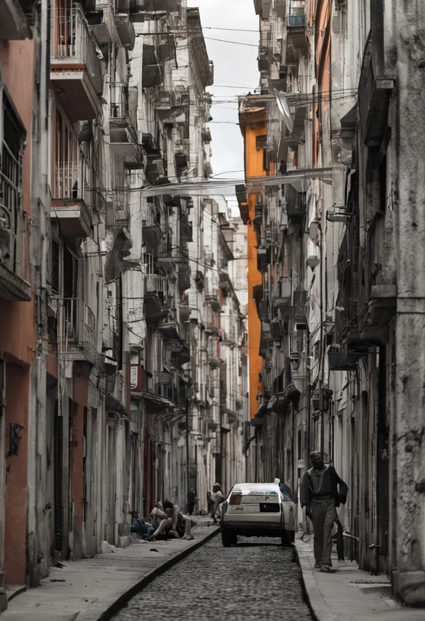 A primeira imagem mostra Clara caminhando pelas ruas da cidade, surrounded by grey buildings and people with empty expressions. The image conveys a sense of monotony and lack of inspiration".