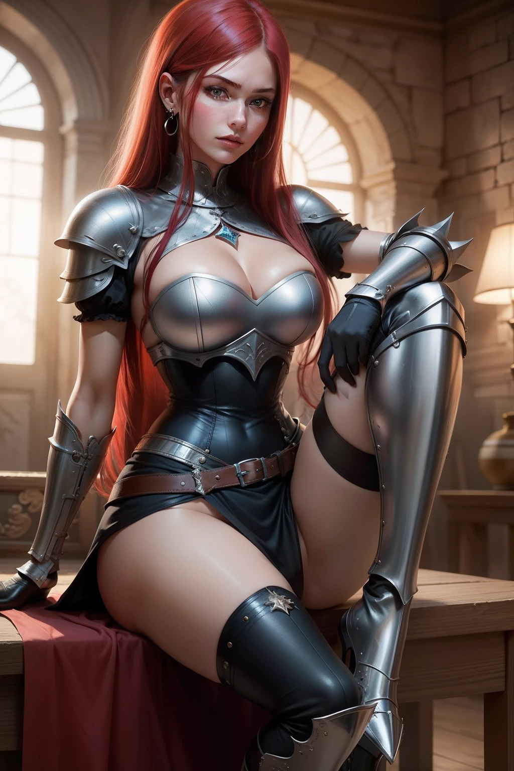 Erza is one of the main characters in the series. The young woman with scarlet hair and brown eyes is described by Lucy Heartfilia herself as an incredible woman, very strict and who does not admit when others make mistakes. She is a slender figure with well-designed curves. Her most common attire consists of custom-made armor, a blue skirt, black boots and diamond-shaped earrings, in high resolution, detailed, HD quality.