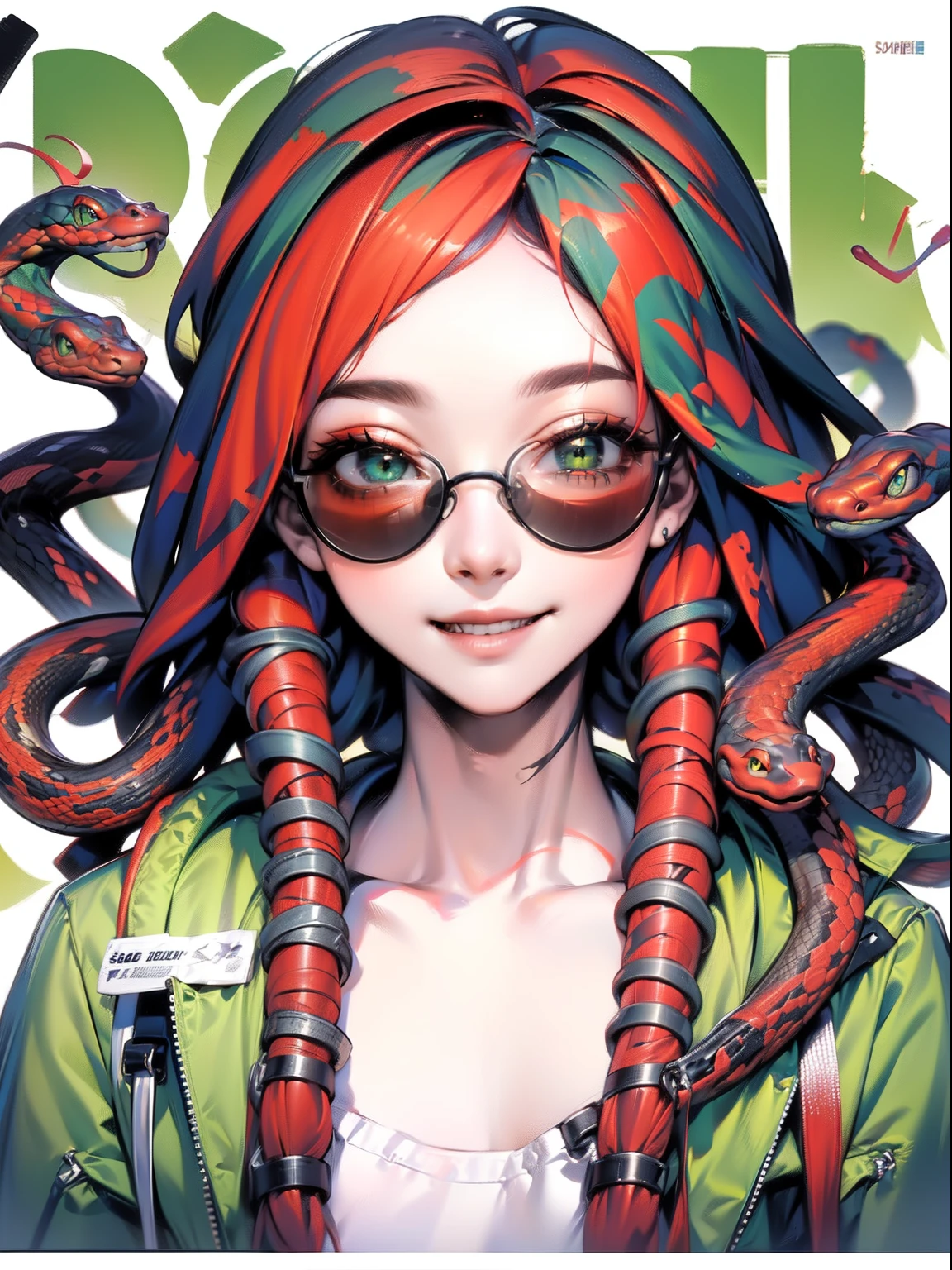 1girl,solo focus,(snake hair:1.2), red hairs,medium hairs, green eyes,snake eyes,sunglass, portrait,looking at viewer,smile,magazine cover