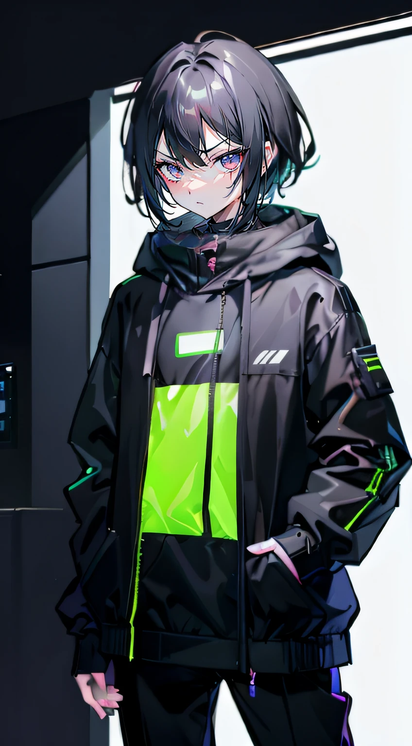 Pure black eyes,A fierce and cold expression,disheveled bangs