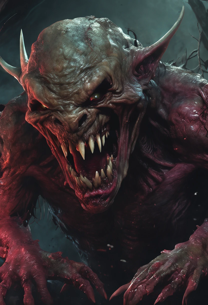 A painting of a demonic creature,A very big smile on his face, Skinny, Humanoid, Bald, menacing, massacre, Science fiction - the horror art of fiction, sci-fi horror artwork, inspired by Aleksi Briclot, Fangs of the slaughter, horror fantasy art, author:Alexi Bricklot, horror concept art, venomize, Fantasy and horror art, Detailed illustration of 4K horror, demonic creature, dark fantasy horror art