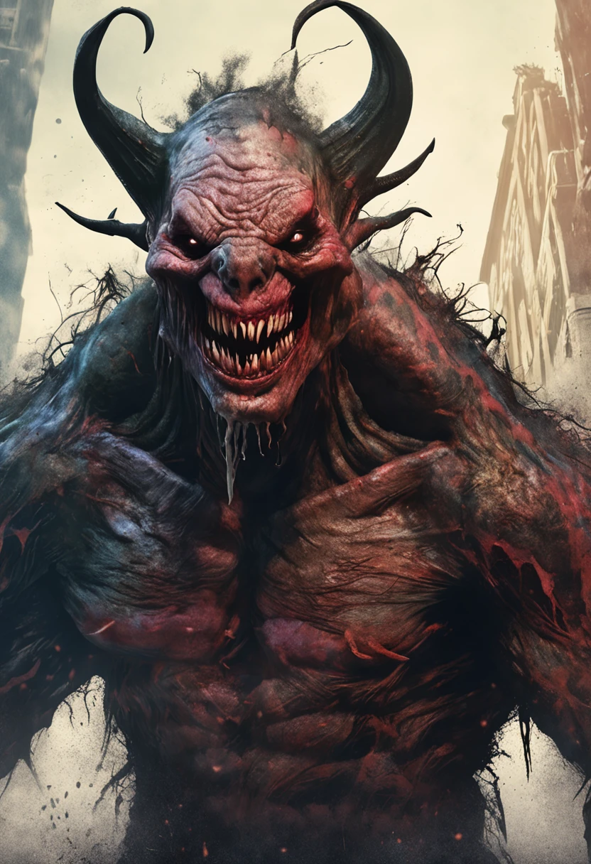 A painting of a demonic creature,A very big smile on his face, Skinny, Humanoid, Bald, menacing, massacre, Science fiction - the horror art of fiction, sci-fi horror artwork, inspired by Aleksi Briclot, Fangs of the slaughter, horror fantasy art, author:Alexi Bricklot, horror concept art, venomize, Fantasy and horror art, Detailed illustration of 4K horror, demonic creature, dark fantasy horror art