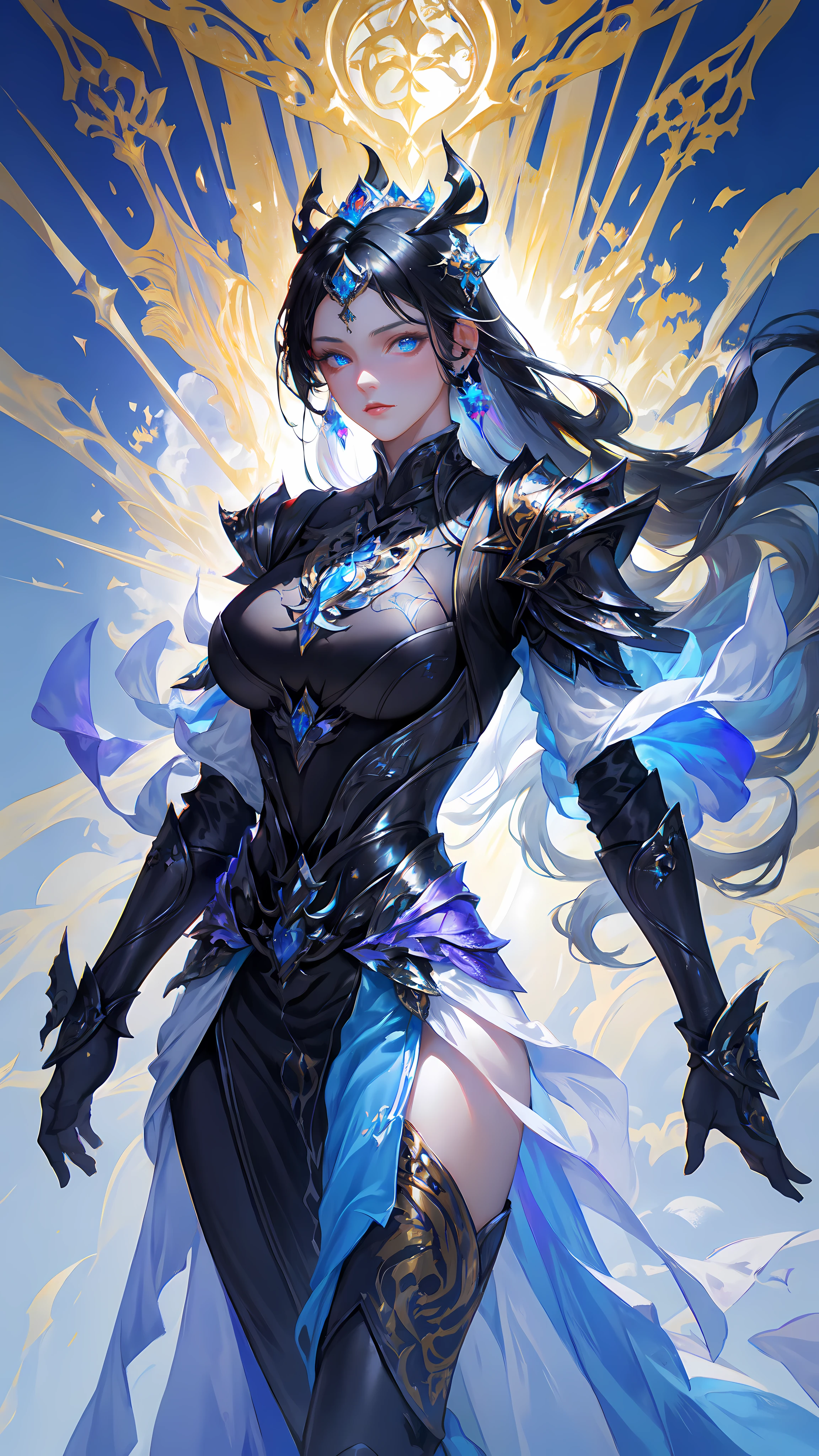 1girl, depth of field, official art, unity 8k wallpaper, ultra detailed, illustration, beautiful and aesthetic, masterpiece, best quality, knight, (big breasts), (milf, mature female), (black armor, armor, breastplate), beautiful face, (long hair, black hair,  very straight hair:1.4, hime cut:1.4), blue eyes, cowboy shot, glowing skin, back lighting, athletic figure, muscular female, curvy, wide hips, colorful, looking at viewer, Hyperrealistic, gradient background, dark background, outline, fantasy, from the front, watercolor, traditional media, (chromatic aberration, intricate details)