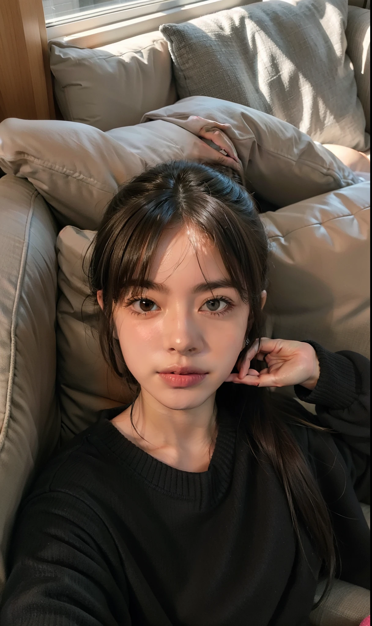 there is a woman sitting on a sofa wearing a black shirt, young adorable korean face, linda mulher coreana jovem, maquiagem sul-coreana popular, rosto sexy com maquiagem completa, maquiagem coreana popular, Mulher sul-coreana bonita, mulher coreana jovem bonita, coreana, wan adorable korean face, south east asian with round face, jennie blackpink, Ulzzang, com rosto redondo