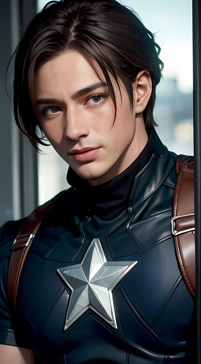 ((Men only)), (head shot), (Handsome muscle man in his 20s), (Captain America), (smile), (detaile: 1 in 1), Natural muscles, HIG quality, beautidful eyes, (Detailed face and eyes), (Face、: 1 / 2), Noise, Real Photographics、... ..................................................................................................................PSD, Sharp Focus, High resolution 8K, realisitic & Professional Photography, 8K UHD, Soft lighting, High quality, Film grain, FujifilmXT3