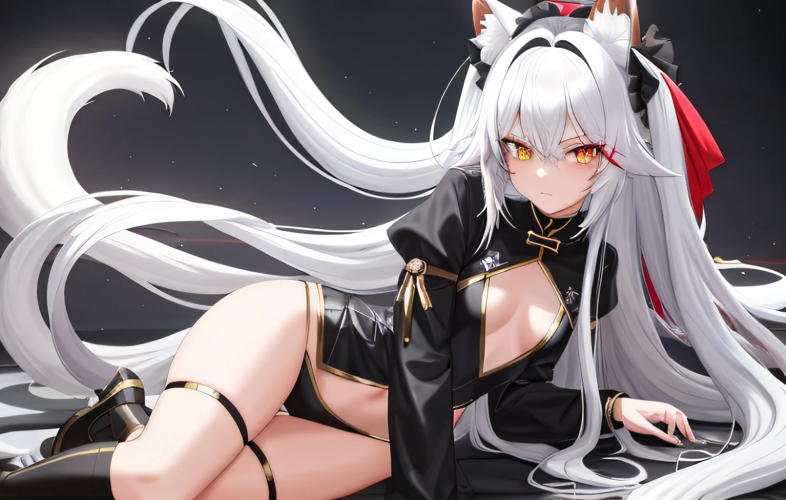 R-18，R18,Fox ears，Foxtail，Red and gold heterochromic pupils，8K，4K，CG，s girl，Long hair dragged all the way to the ground，half black hair and half white hair，Pick dyeing，Long, dull hair，Little tiger tooth，Extreme female body，Extremely cute，leg loops，Seductive eyes，Erotic body，Light fluttering clothes，GameCG，Wallpapers，Playful，Half-black, Semi-white hair color，Handsome，ellegance，Dignified，Gothic lolifit，Thin headbands，Blackened，Obscene lines，，nakeness