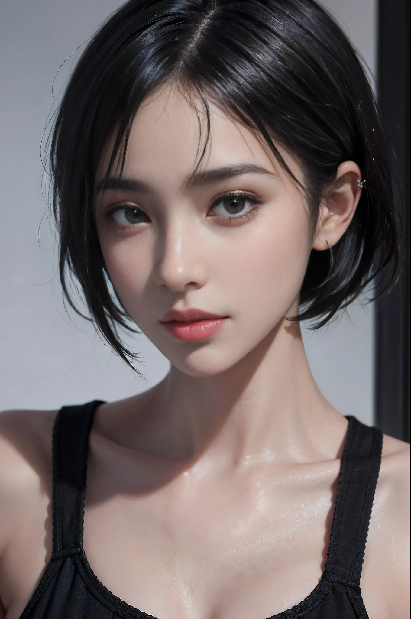 upper body, masterpiece, top quality, raw photo, photorealistic, big, face light, shiny skin, high resolution, ultra detail, detail, detailed eyes and face, sharp pupils, realistic pupils, sharp focus, shiny skin, smiling, black hair, sporty clothes, bob, rock-paper-scissors