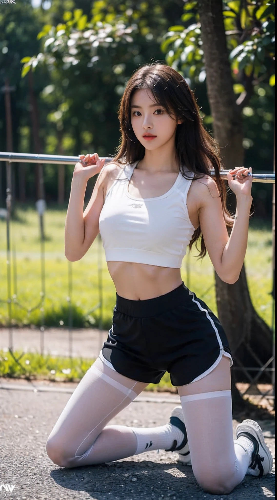 (8K,tmasterpiece,RAW photos,best qualtiy,the detail:1.2),Korean female model，Height 175 cm，perfect bodies，Long legs，wavy and long hair，Wear a gym top and yoga shorts，at a forest，（（Pantyhose）），(Wearing sneakers+White sport socks)，Ray tracing