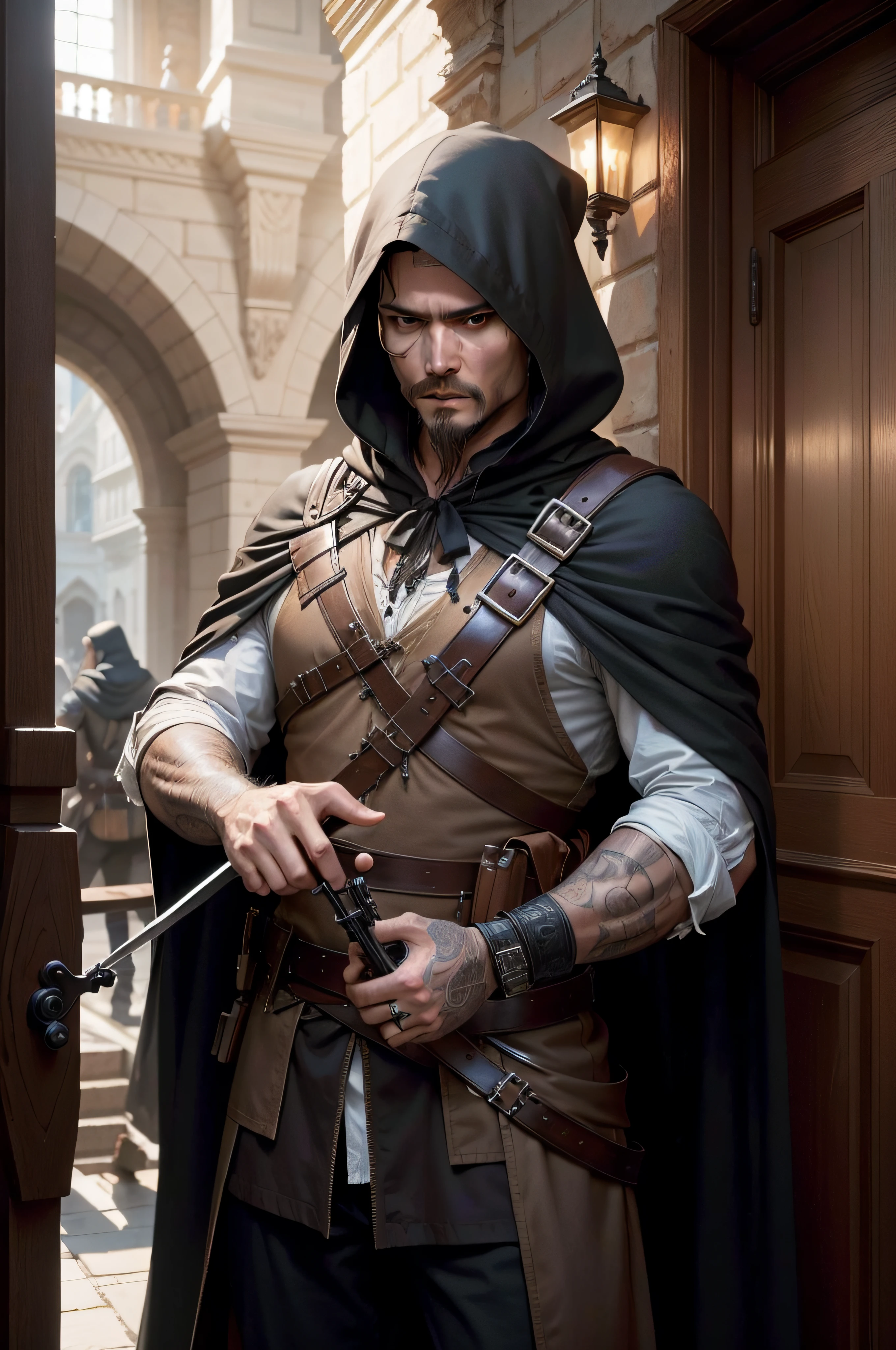 White man, brown stubble beard, brown Johnny Depp hair, wearing dark theifs clothing and black hood, weilding two small hand crossbows, black shirt, black cloak, hand crossbows