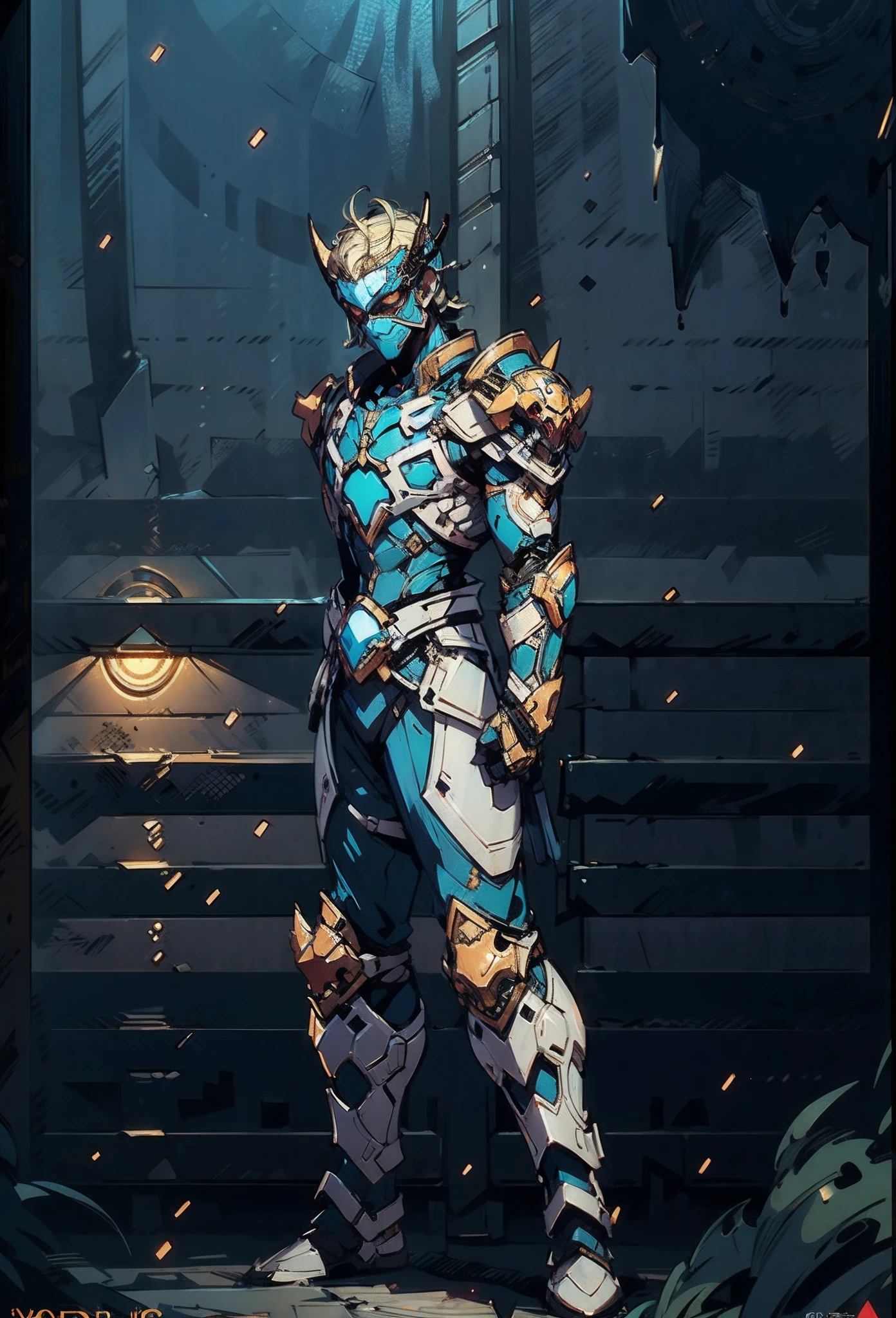 A man with short blond hair, wearing a mask designed like a beetle, a base undershirt primarily white with golden stripes, topped with a chest plate in indigo blue designed to resemble insects, his arms and legs are similarly armored, this character embodies a finely crafted fantasy-style masked light armor warrior design in anime, characterized by a sophisticated and mature manga art style, ((character concept art)), full body character drawing, high definition, best quality, ultra-detailed, extremely delicate, anatomically correct, symmetrical face, extremely detailed eyes and face, high quality eyes, creativity, RAW photo, UHD, 16k, (Natural light, cinematic lighting, masterpiece:1.5)