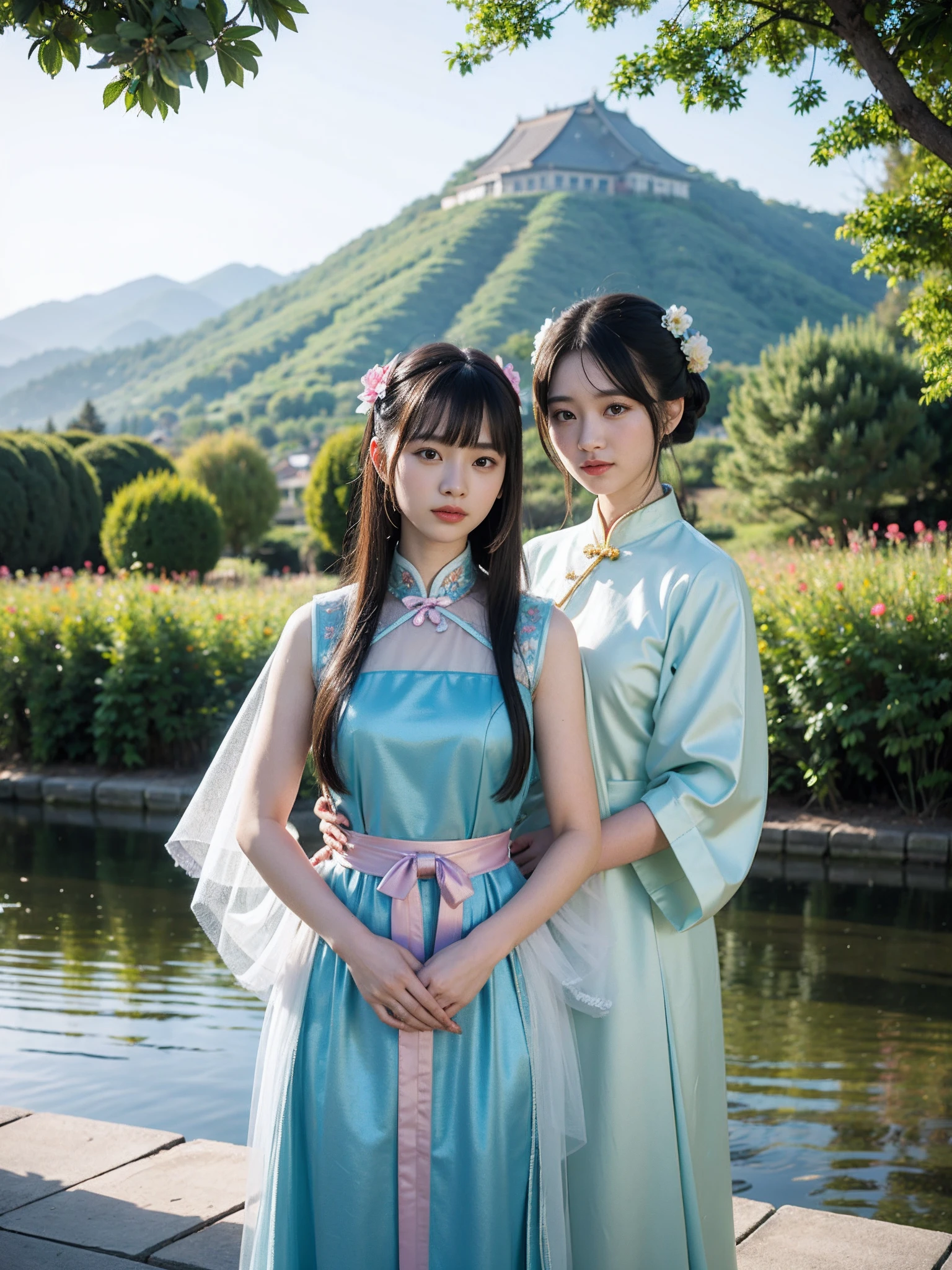 Two Asian women dressed in traditional tulle attire pose for a group photo, Hanfu, Anime cosplay, Anime girl cosplay, , A girl in a transparent Chinese dress, Black and light blue silk garment, Chinese costume, with acient chinese clothes, CLASSICSTYLE, Wearing ancient Chinese clothes, Chinese style, White Hanfu, traditional garb, cosplay foto,Standing on a small bridge,Mountains and flowers in the background