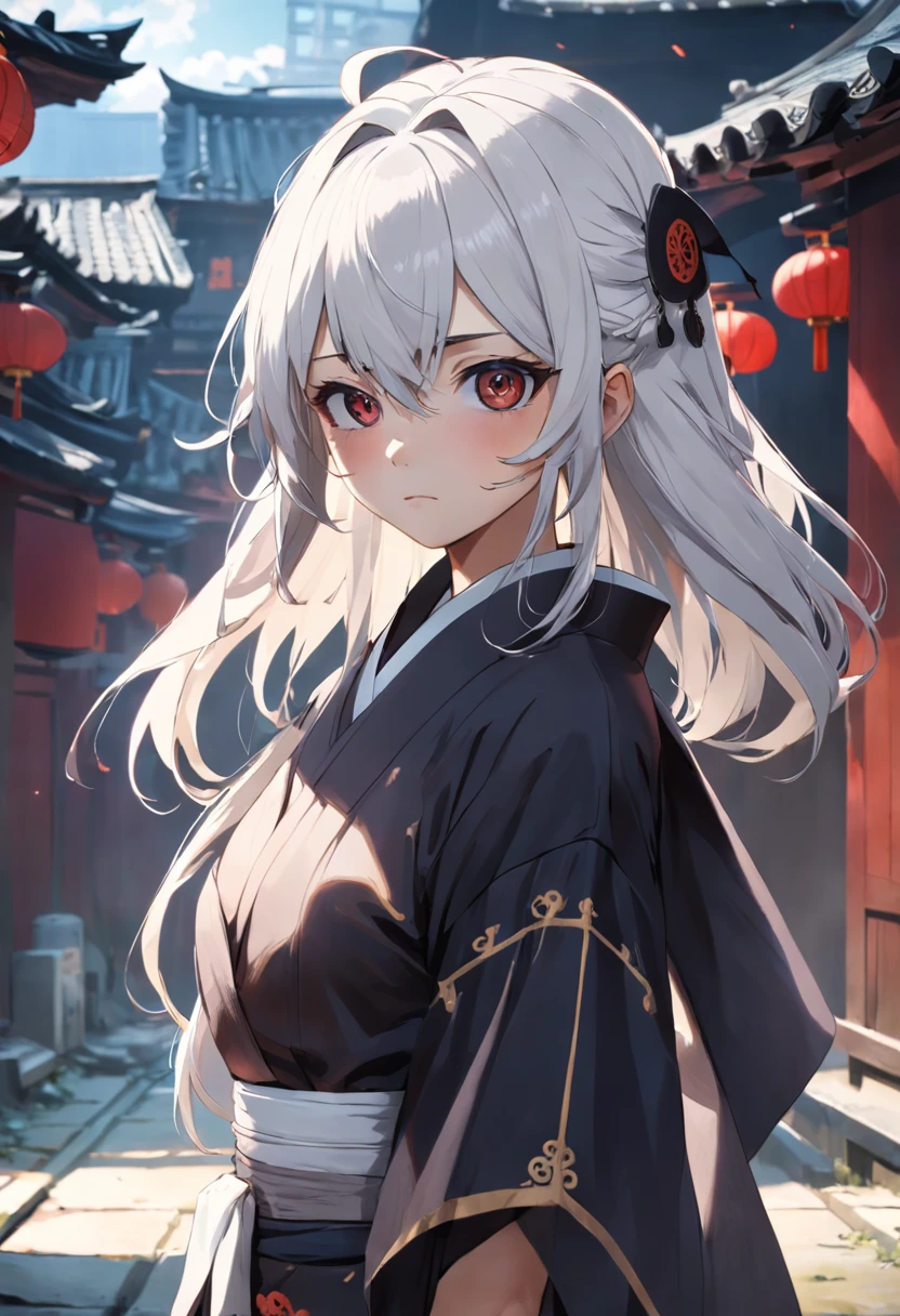 Gojo Gojo,Black eye sockets,With two knives,Wear vintage Chinese outfits,White hair,The background is in Tokyo