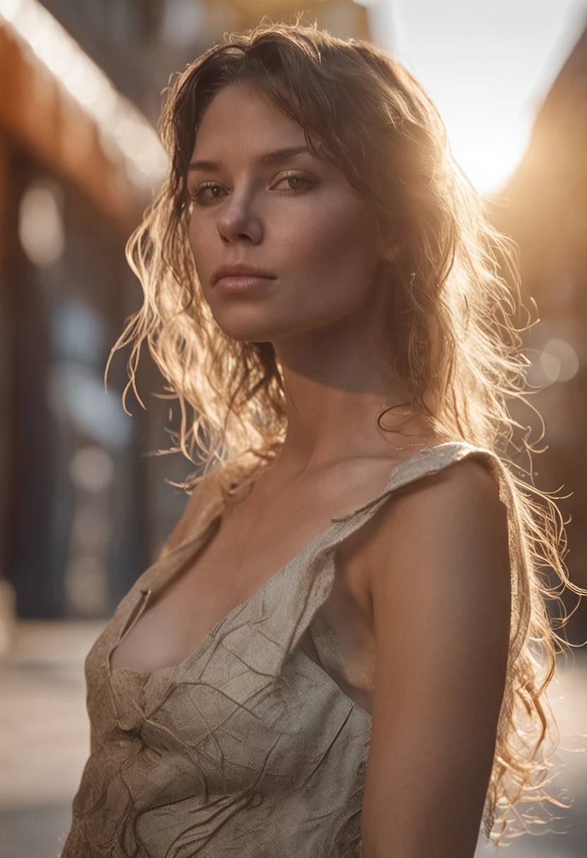 beautiful woman, shiny skin, shiny lips, shiny lipstick, makeup, big breast, wearing white low cut revealing see-through wet short dress, torn dress, holes in the dress, running in the forest, near a lake, escaping from other other people, (((bare foot))), (((no shoes))), birds flying in the sky,