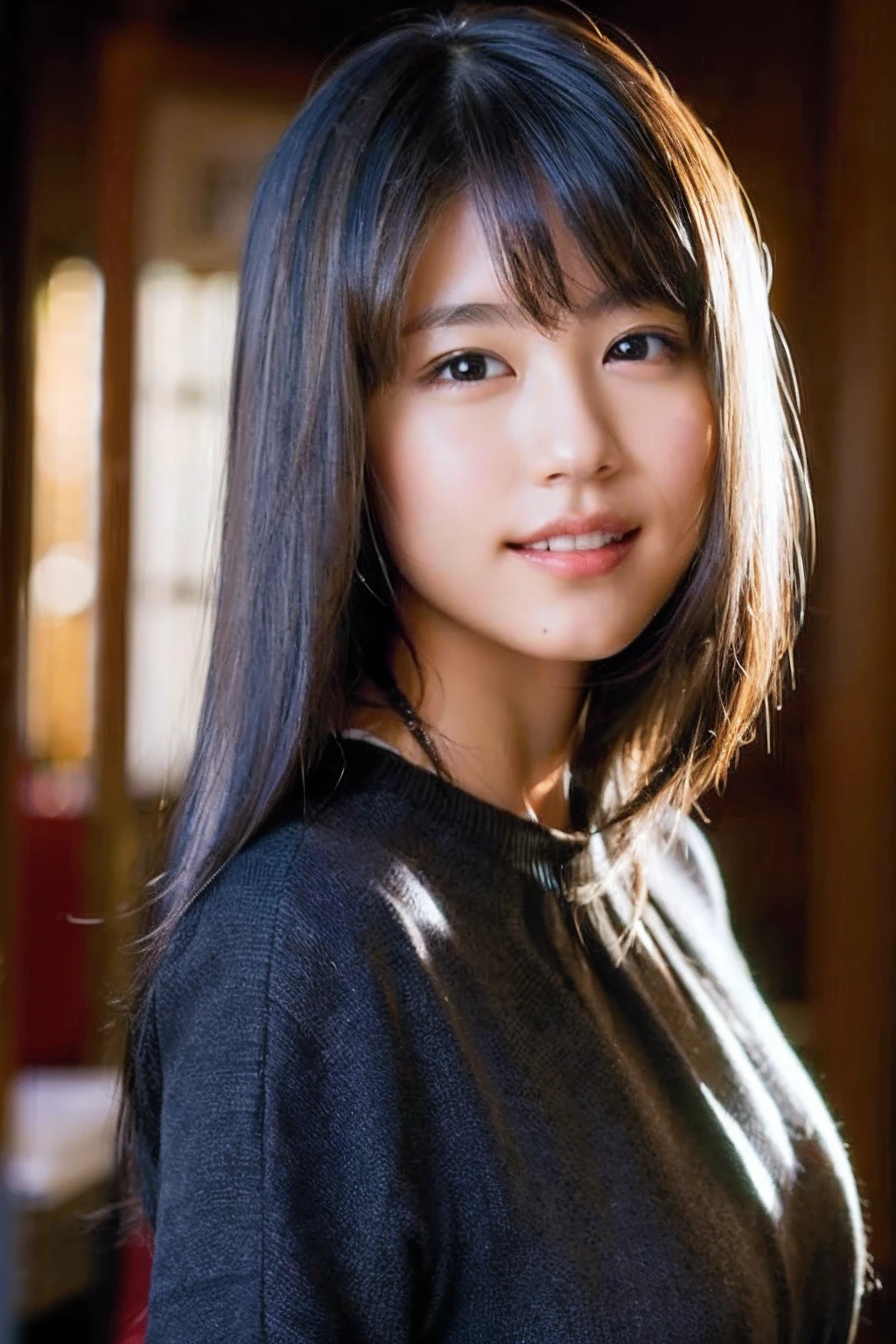 (8k, RAW photo, best quality, masterpiece:1.2), (realistic, photo-realistic:1.37), ultra-detailed, ultra high res,1 girl,looking at viewer,beautiful detailed face,smile,narrow,(slim waist:1.3),shirt, beautiful detailed skin, skin texture, floating hair,professional lighting,