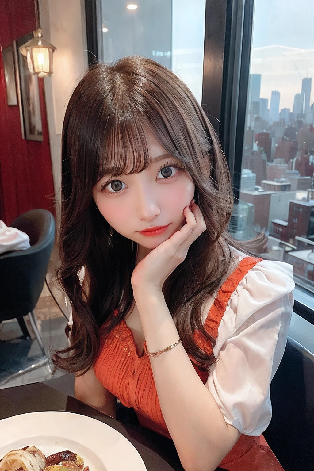 Best Category - Visual Arts: "23 year old woman with fancy costume and cute eyes, Brown hair、Gaze admiringly at a dinner table with medium hair New York City as a backdrop. The scene is a red and orange color scheme, Gives a warm and lively atmosphere."The highest resolution、