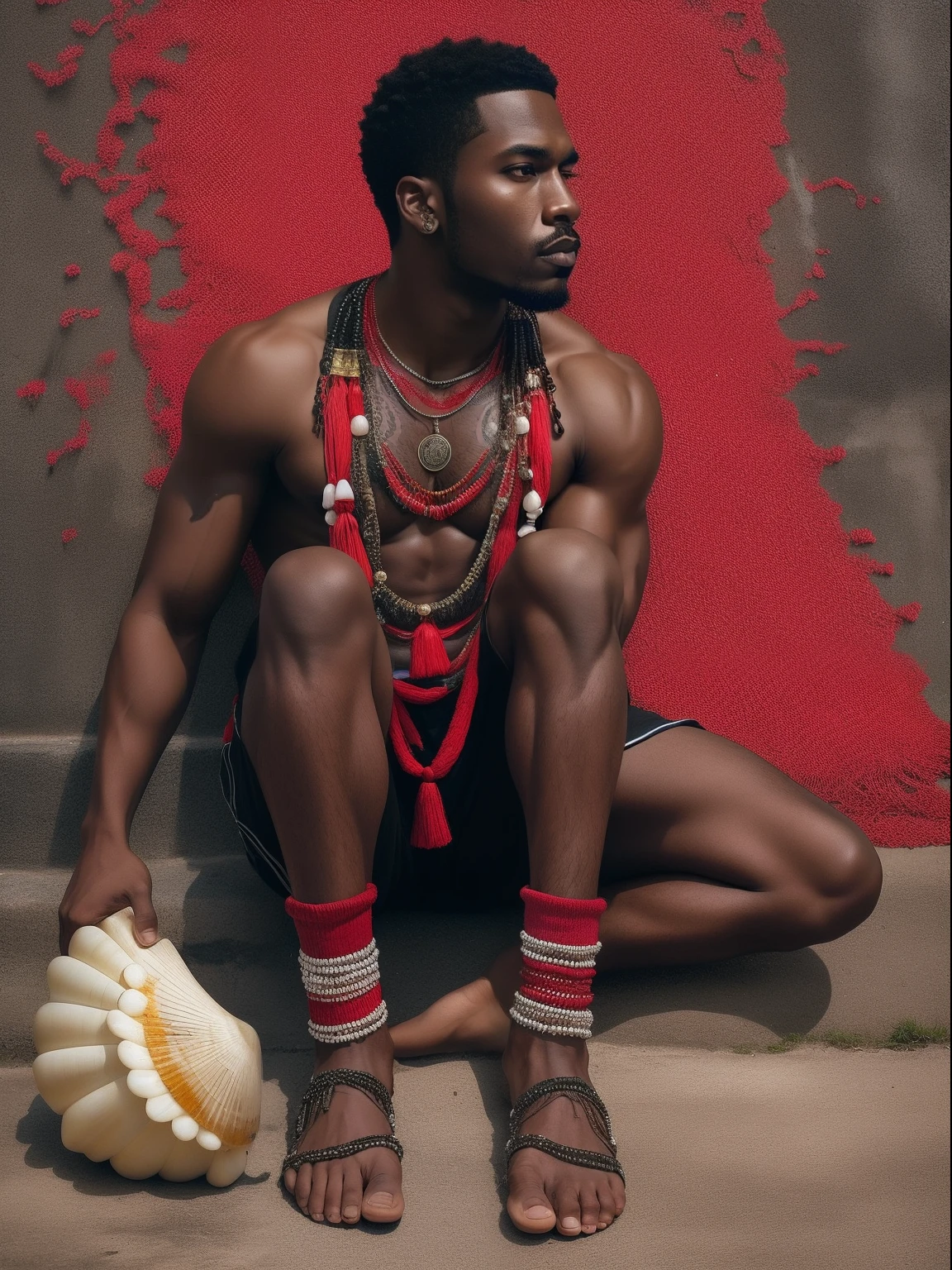 A strong black man with a dropped tip cap half red and half black, sem camisa, usando um saiote nas cores preta e vermelha, bare-legged, em uma dasaos um pequeno tridente e na outra um falo, His chest is covered with threads with beads in the colors red and black and another necklace of conch shells, ao fundo, uma extensa estrada de terra.