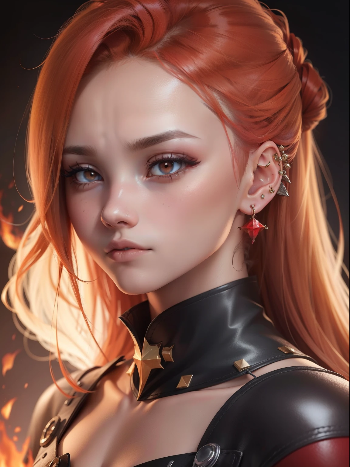 whaite hair,ember,ear studs,red pupils,tear-mole