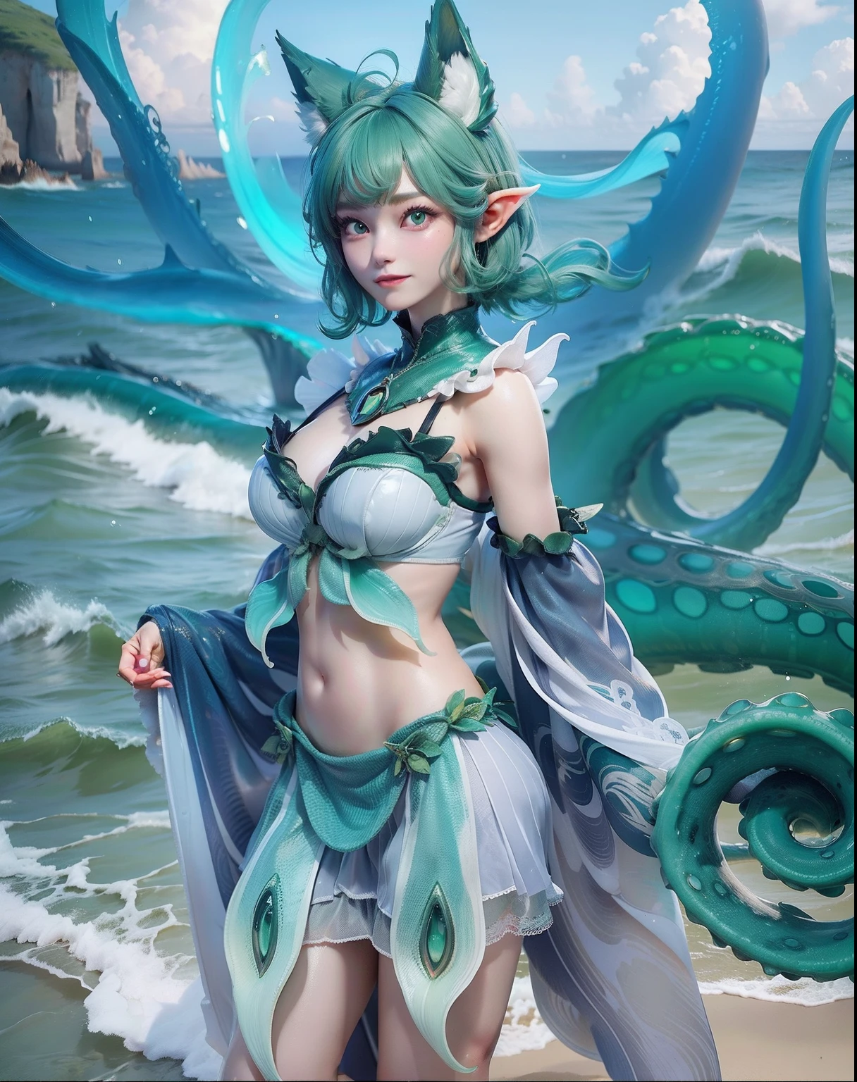 Female, beautiful, short green hair,Wearing clothes made of shells and fish fins,Big green tentacles,Fox ears, stormy sea background, magic, realistic ultra detail, perfect face,perfect eyes,white skin,8k, ultra HDR, photography,Not using cloth, just using a clamshell bra, best quality,Sea monsters, sirens,Sharp rocks and waves ,full body,Large green tentacles sprouted from the back.