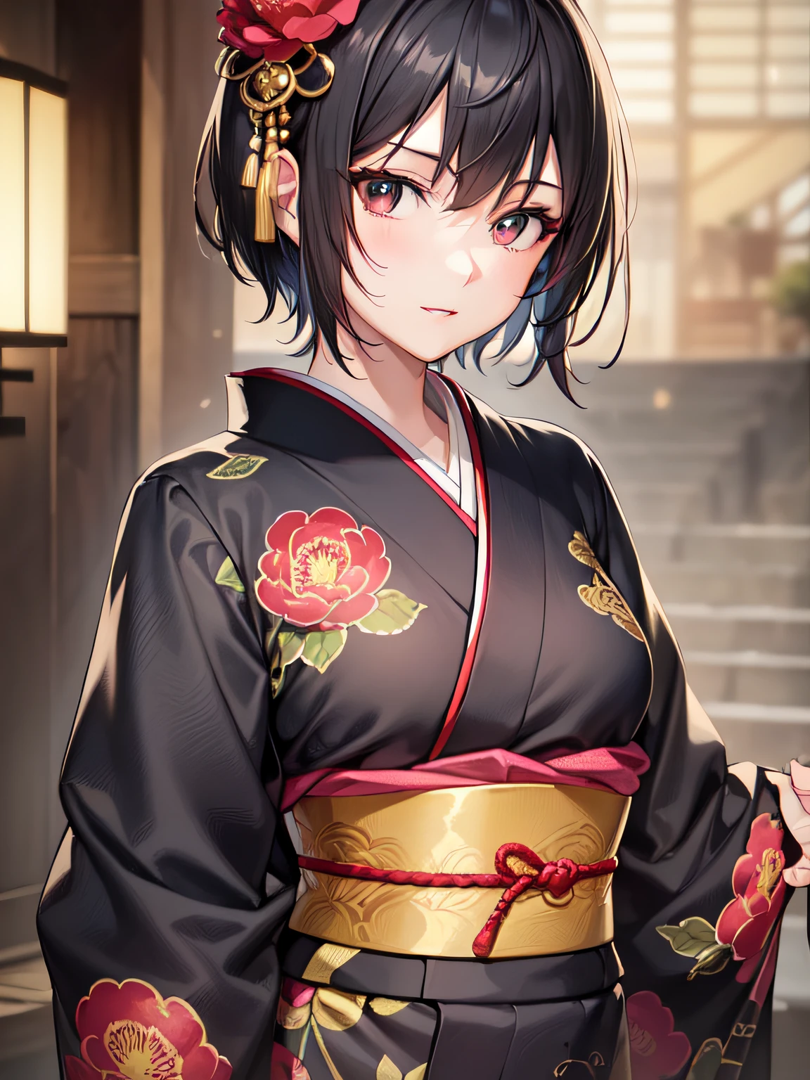 (Best Quality)), (Masterpiece), (Sharpness), 32k, (Best Quality Depiction), (Best Quality), Art, Detailed and Detailed CG Art, Detailed and Detailed CG Art, Detailed Human Body, Perfect Bright Lighting: 1.3, (Perfect Anatomy), (Flawless Body Depiction), Golden Ratio, Depiction of Perfect Woman, 1 Woman, (Japan Adult Female in Early Twenties), (Glossy Black Hair, Short Hair: 1.1), ( Beautiful shiny eyes),(Beautiful face with detailed detail), (Small:1.3), (Beautiful kimono with detailed detail:1.4,Peony pattern)