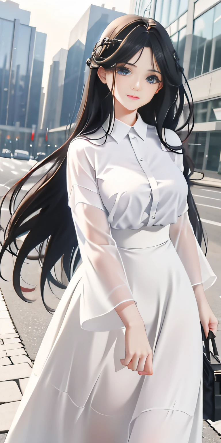 eBlue eyes, Flowing black hair, a white long skirt,, Raised sexy:1.2, The shirt, with dynamism, cheerful big breasts, self-assured, Large chest,Protruding chest