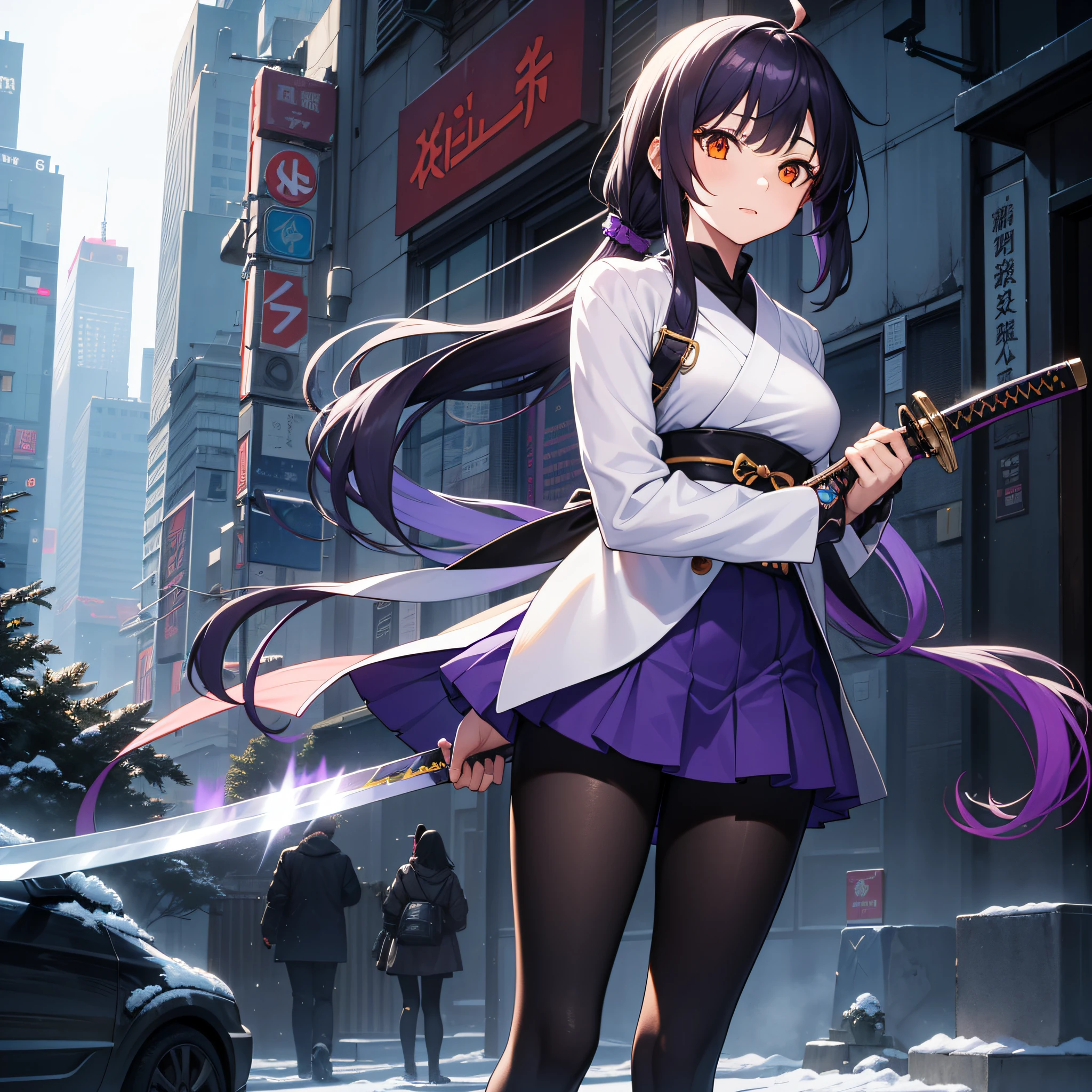 1girl, solo, sakifuwa, very long hair, ponytail, orange eyes, black hair, ahoge, black tights, white samurai suit, long leggings, purple strain of hair, very purple long skirt, holding dual sword, frost effects, frost blue, frost pillars, cyberpunk city